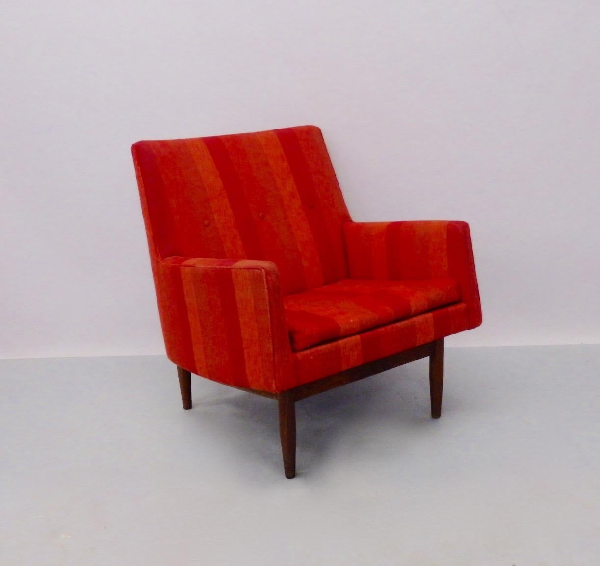 Mid-Century Modern Jens Risom  Walnut Base Lounge Chair as Found Original Girard Fabric