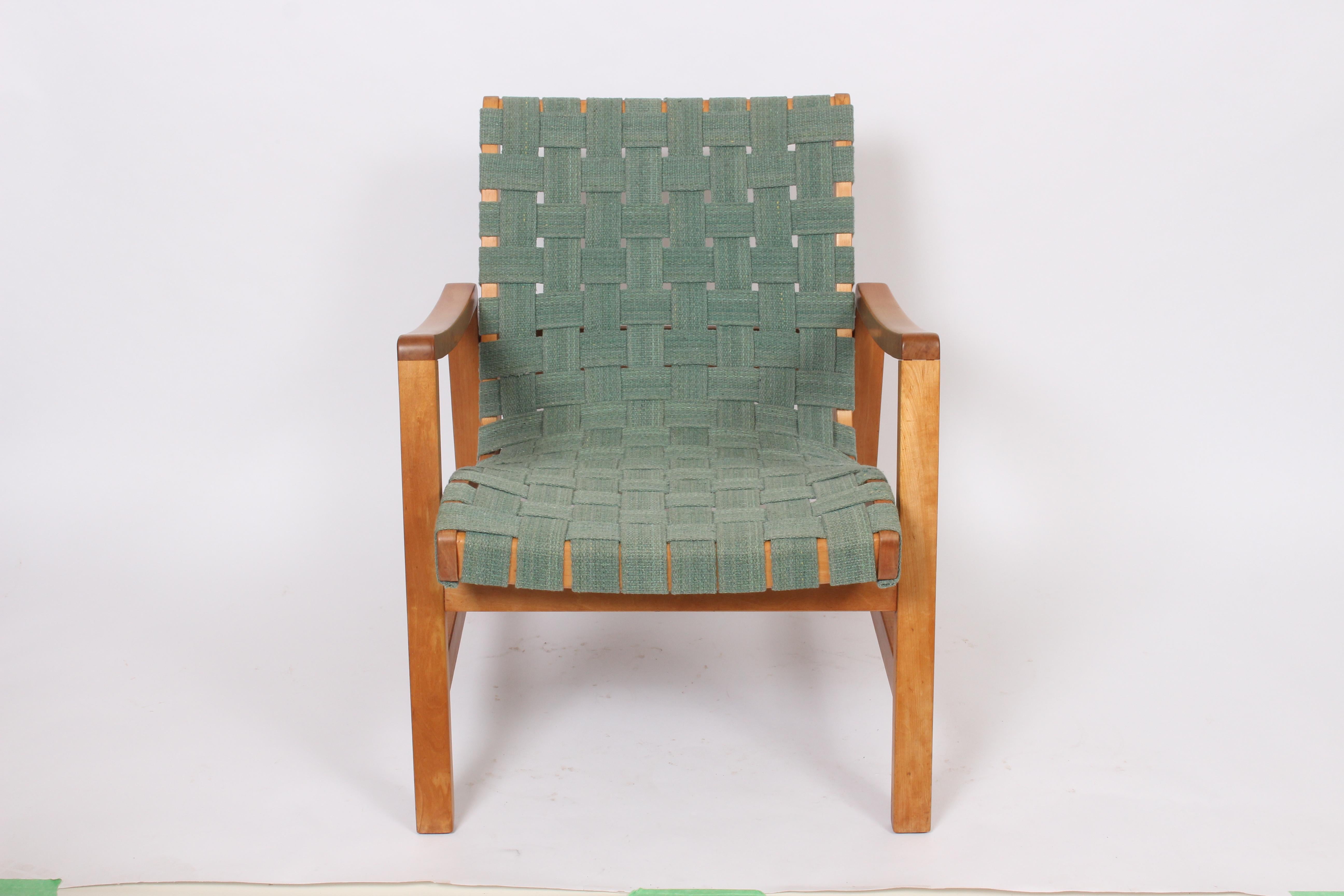 Maple Jens Risom for Knoll Associates Webbed Lounge Chair with Sage Straps, 1940s