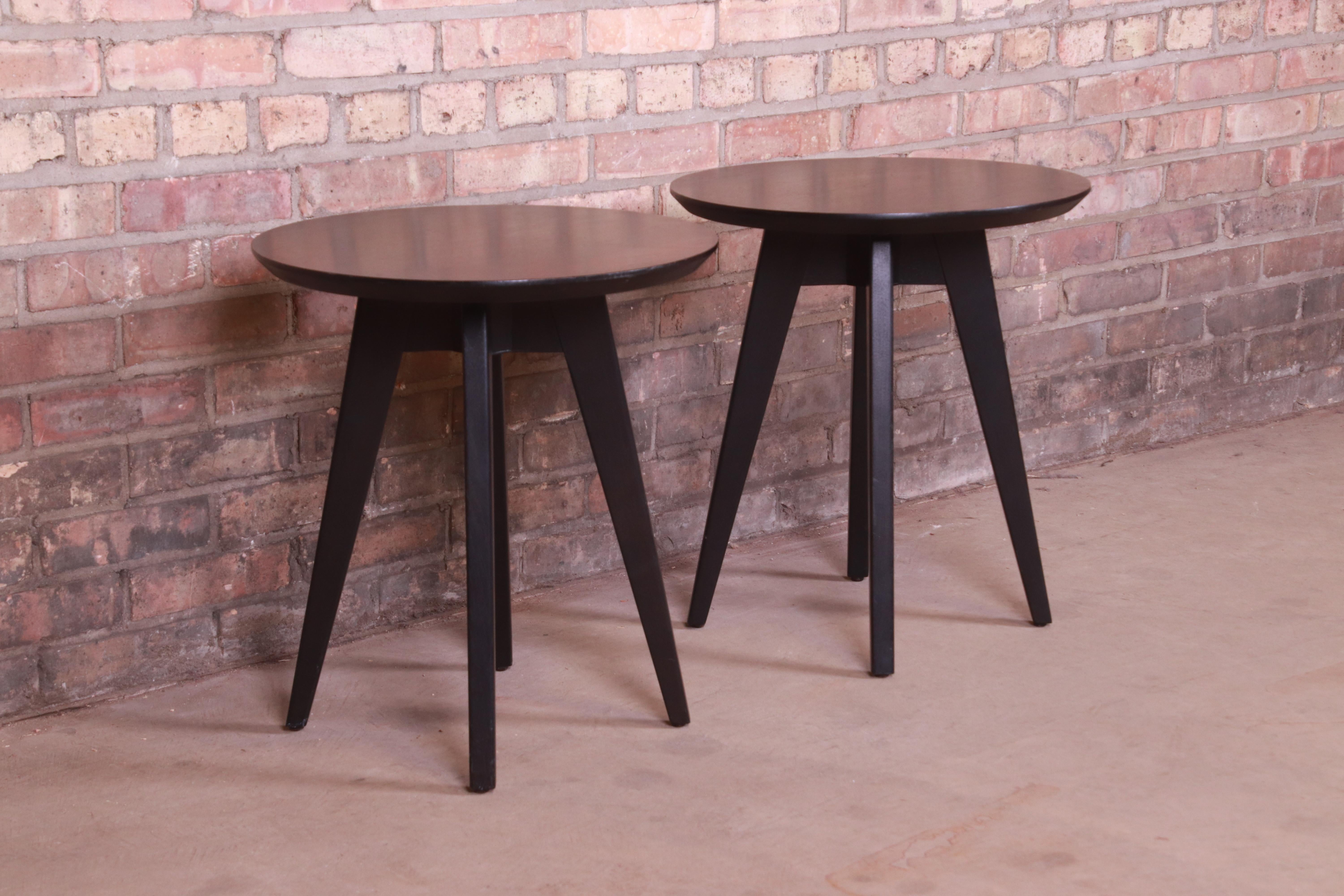 Wood Jens Risom for Knoll Mid-Century Modern Black Lacquered Side Tables, Pair