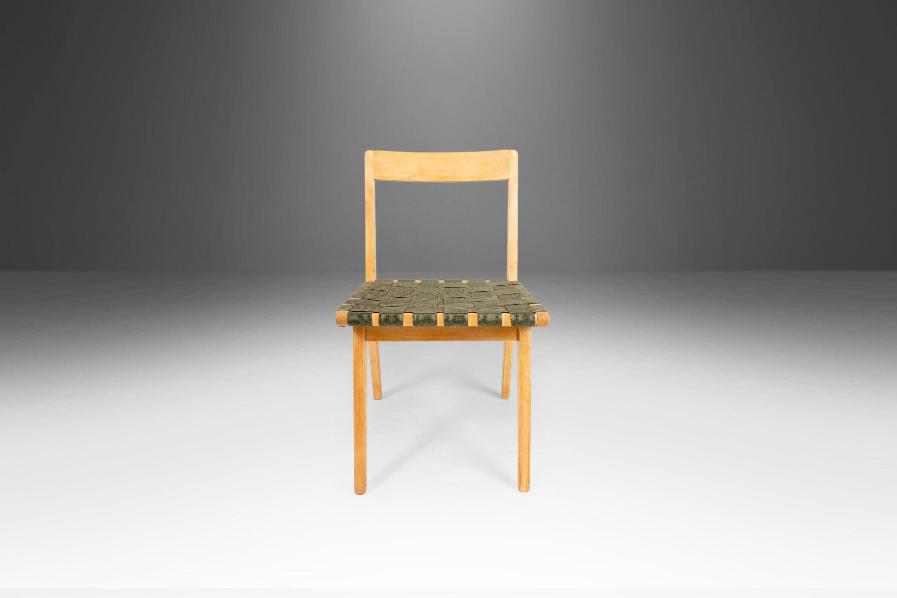 American Jens Risom for Knoll Model 666 Side Chair in Birch and Green Strapping, USA