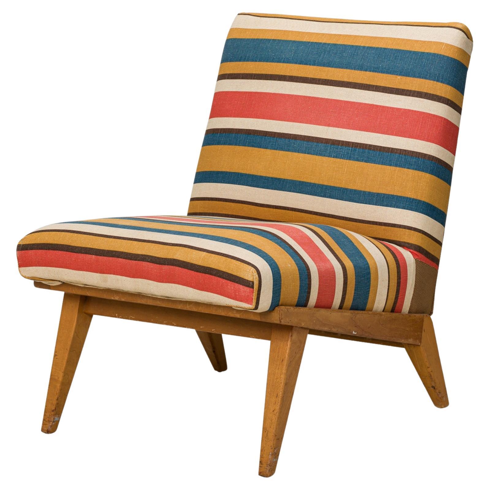 Jens Risom for Knoll Striped Upholstered Blonde Wood Slipper / Side Chair For Sale