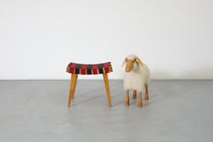 Jens Risom Inspired Accent Stool with Black and Red Webbing and Wooden Frame