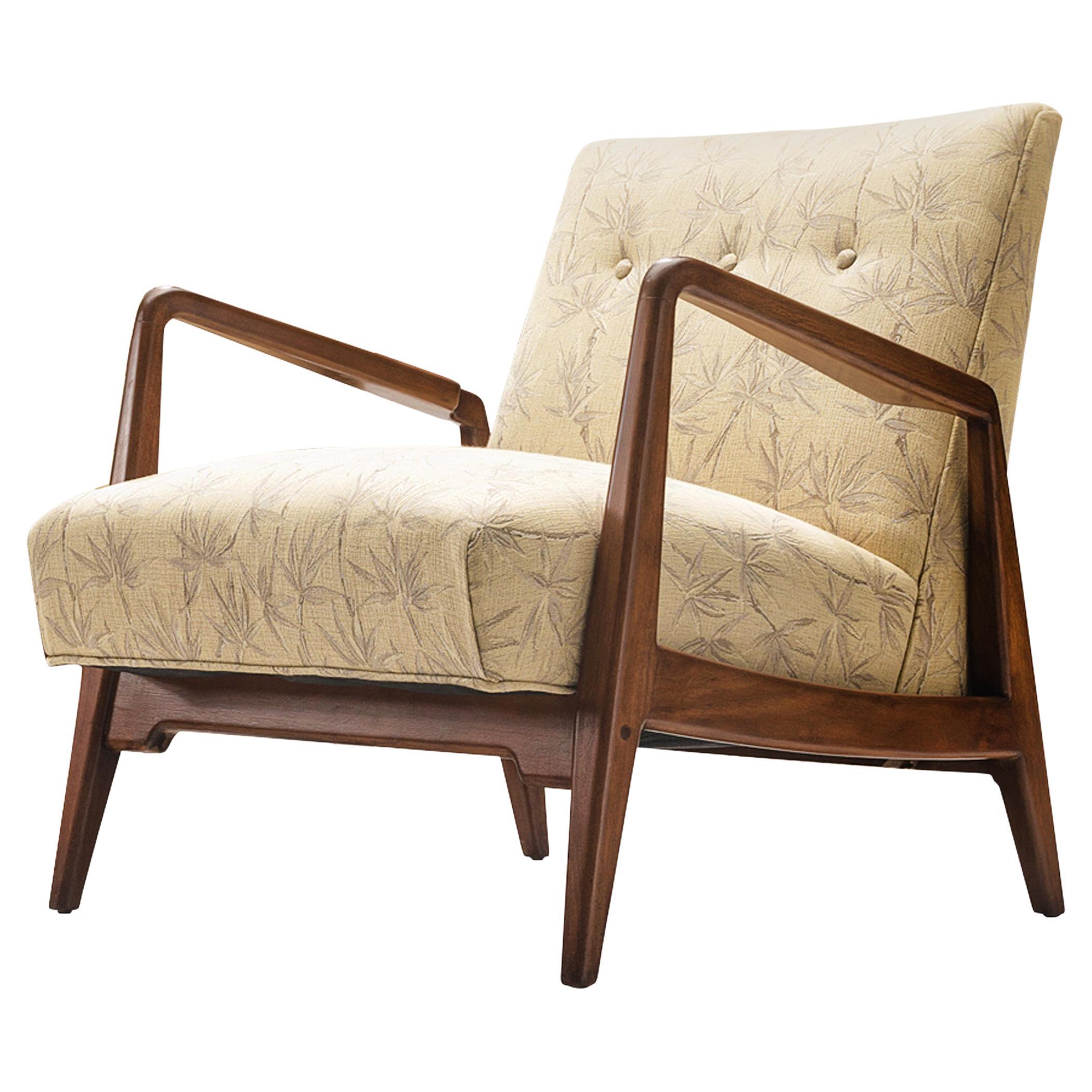 Jens Risom Lounge Chair in Walnut and Bamboo Upholstery 