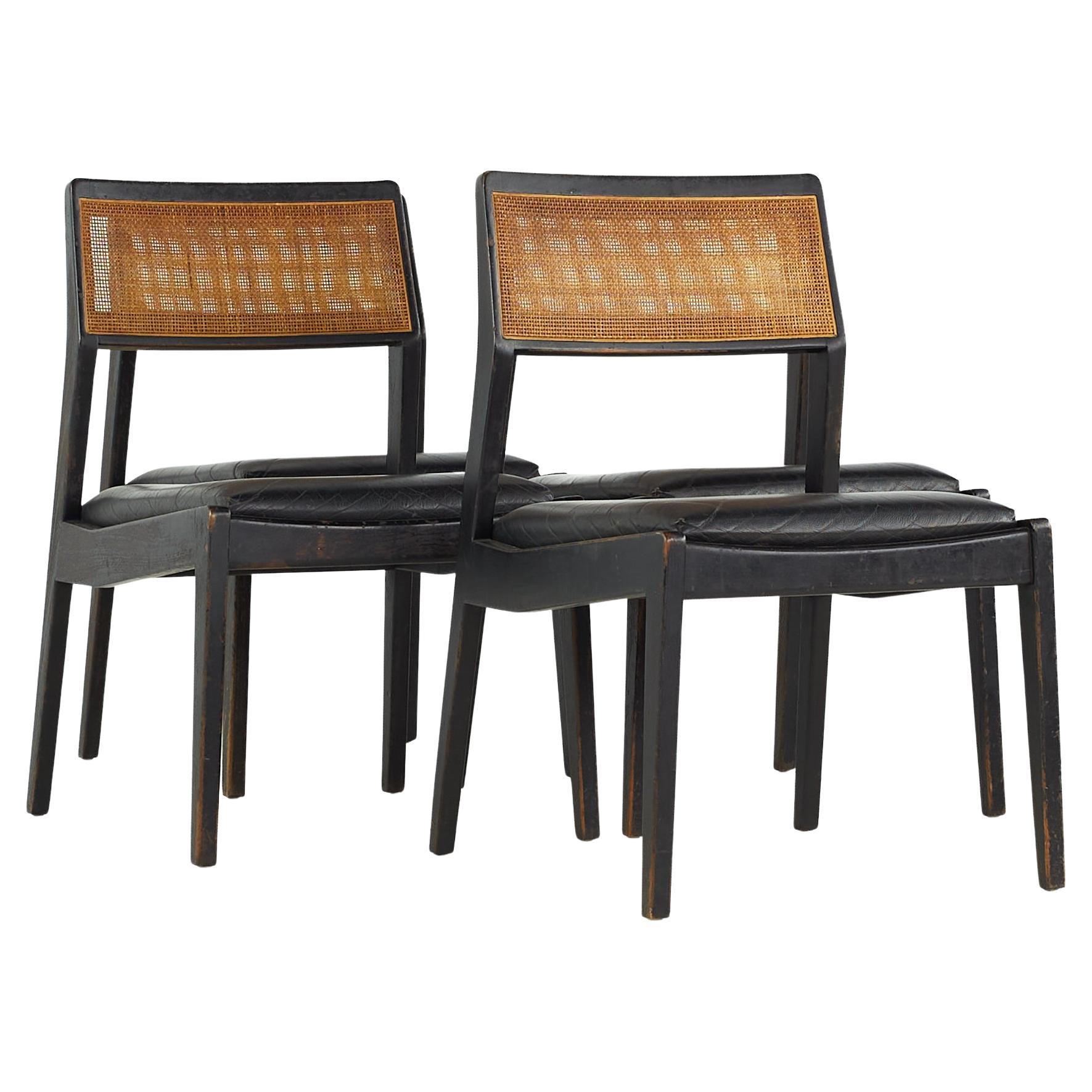 Jens Risom MCM Ebonized Walnut and Cane "Playboy" Dining Chairs, Set of 4 For Sale