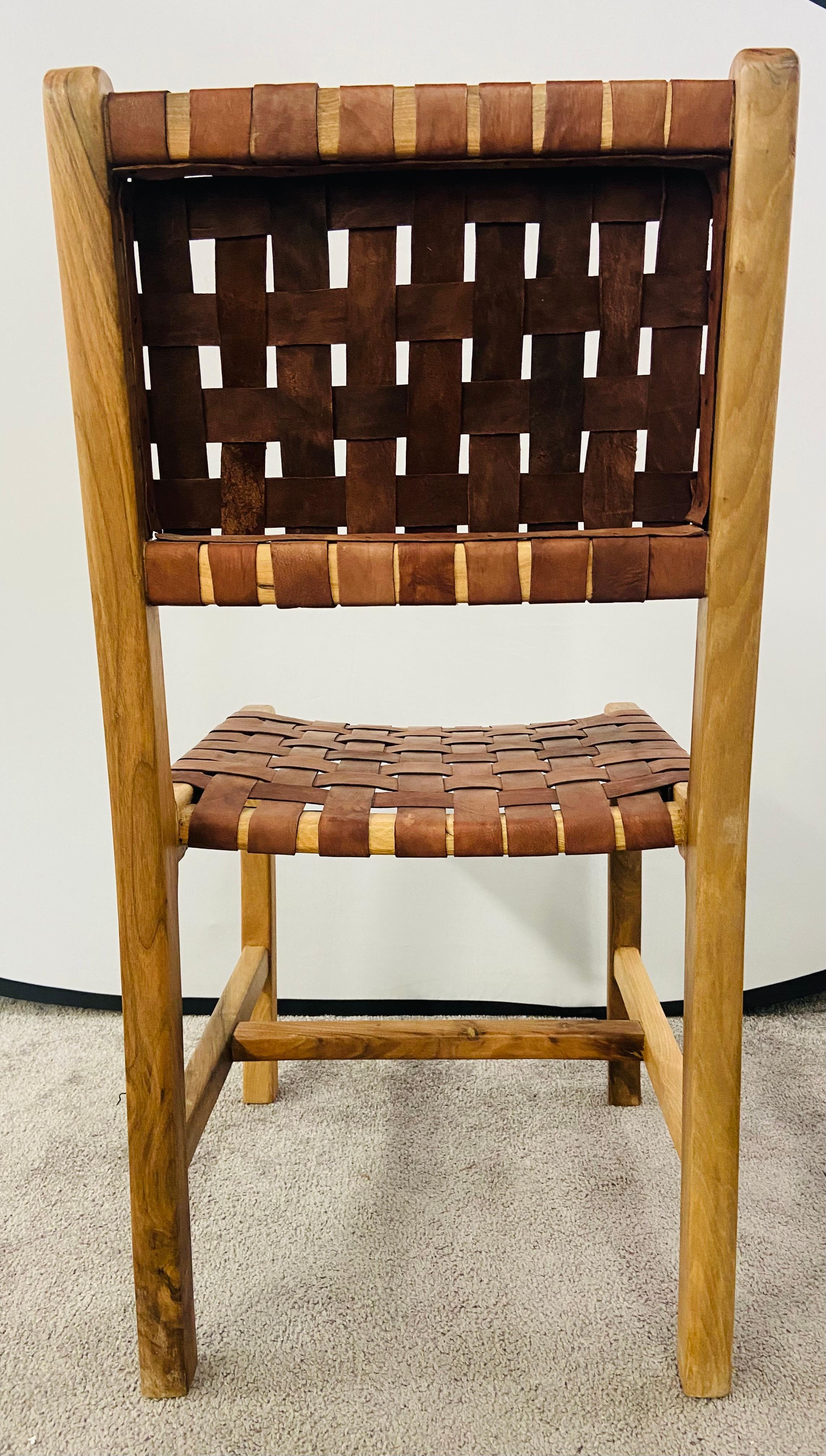 Jens Risom MCM Style Woven Leather Strap & Walnut Frame Chair, a Set of 4 3