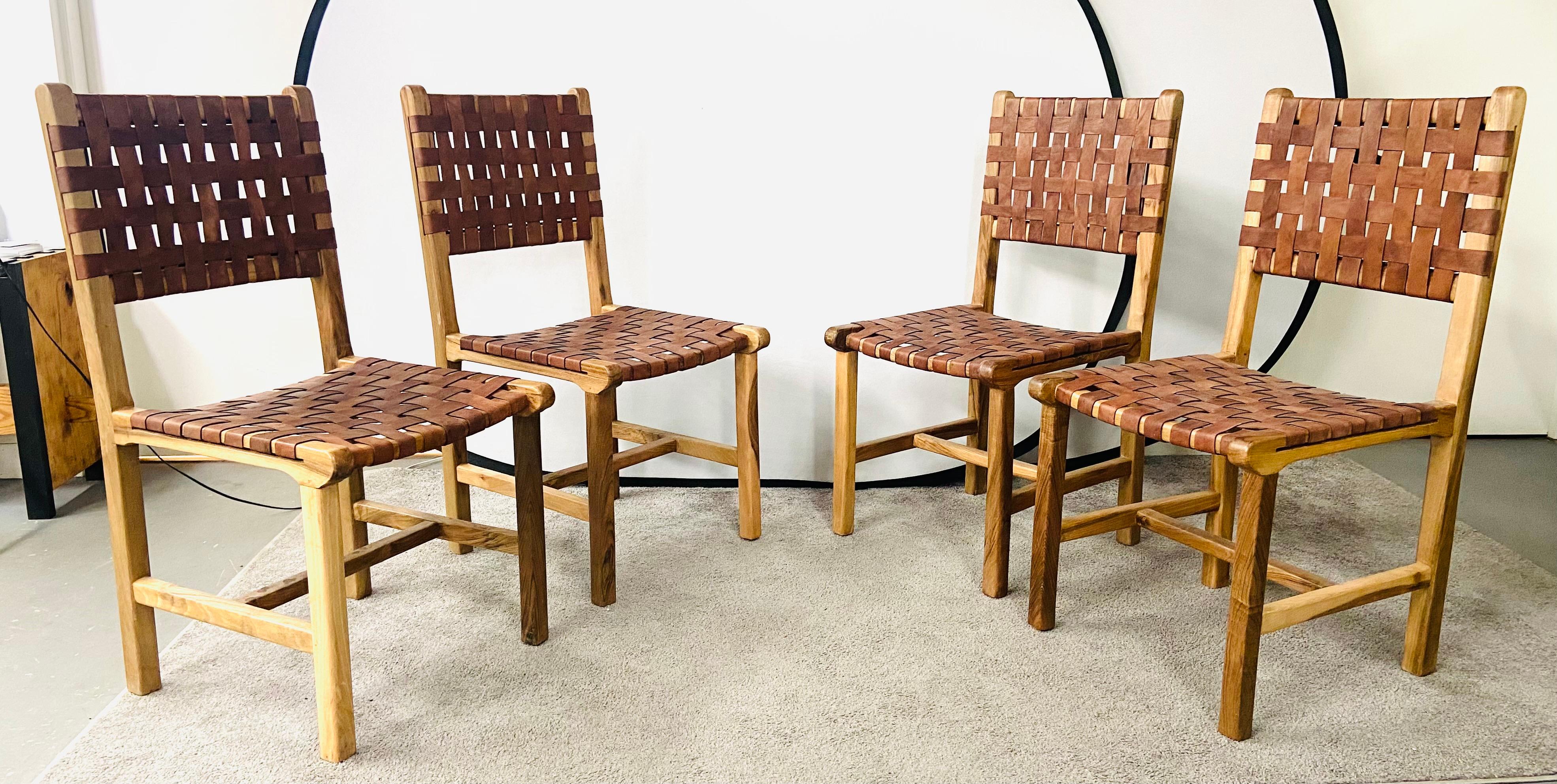 Jens Risom MCM Style Woven Leather Strap & Walnut Frame Chair, a Set of 4 5