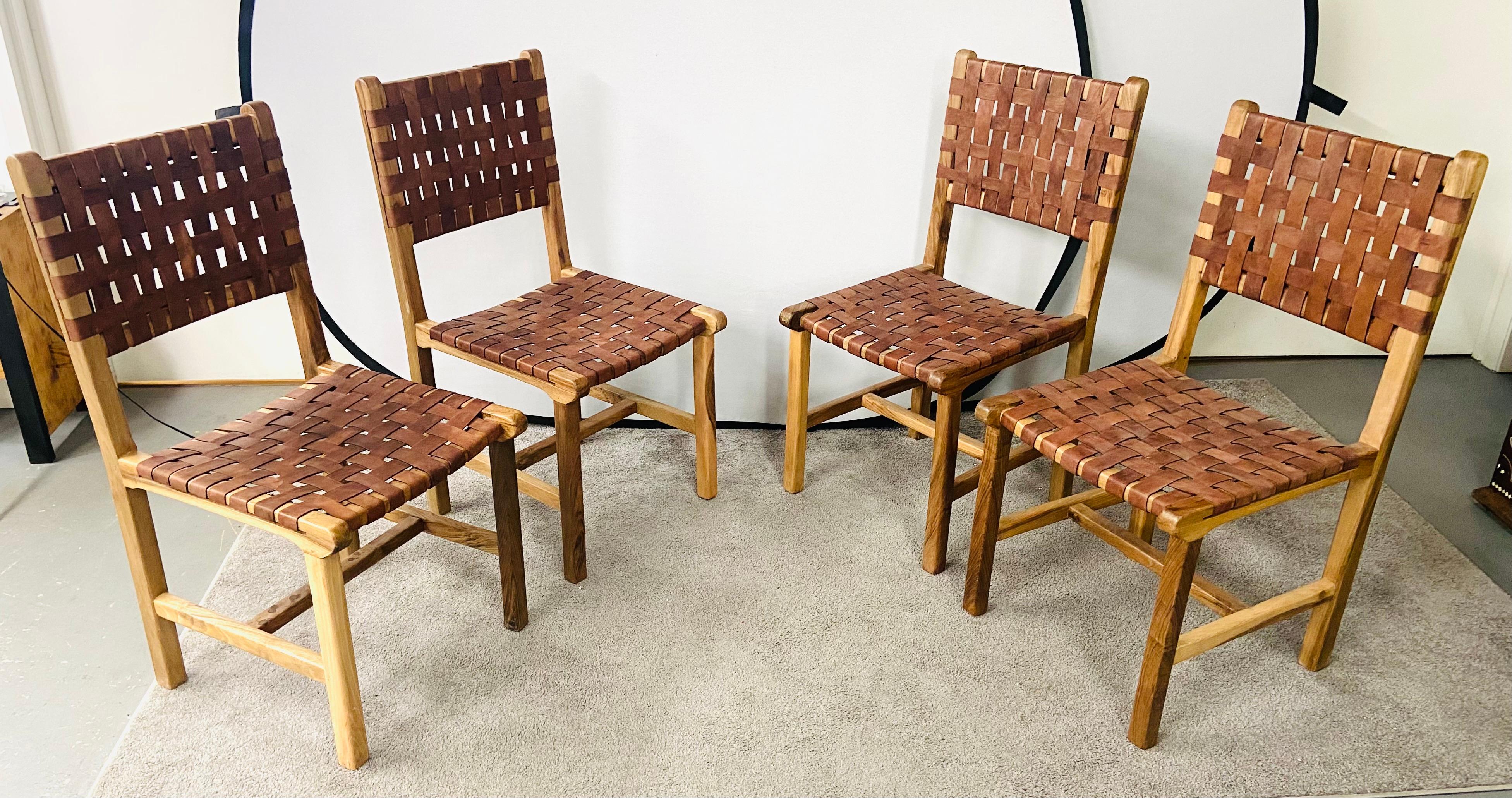 Jens Risom MCM Style Woven Leather Strap & Walnut Frame Chair, a Set of 4 6