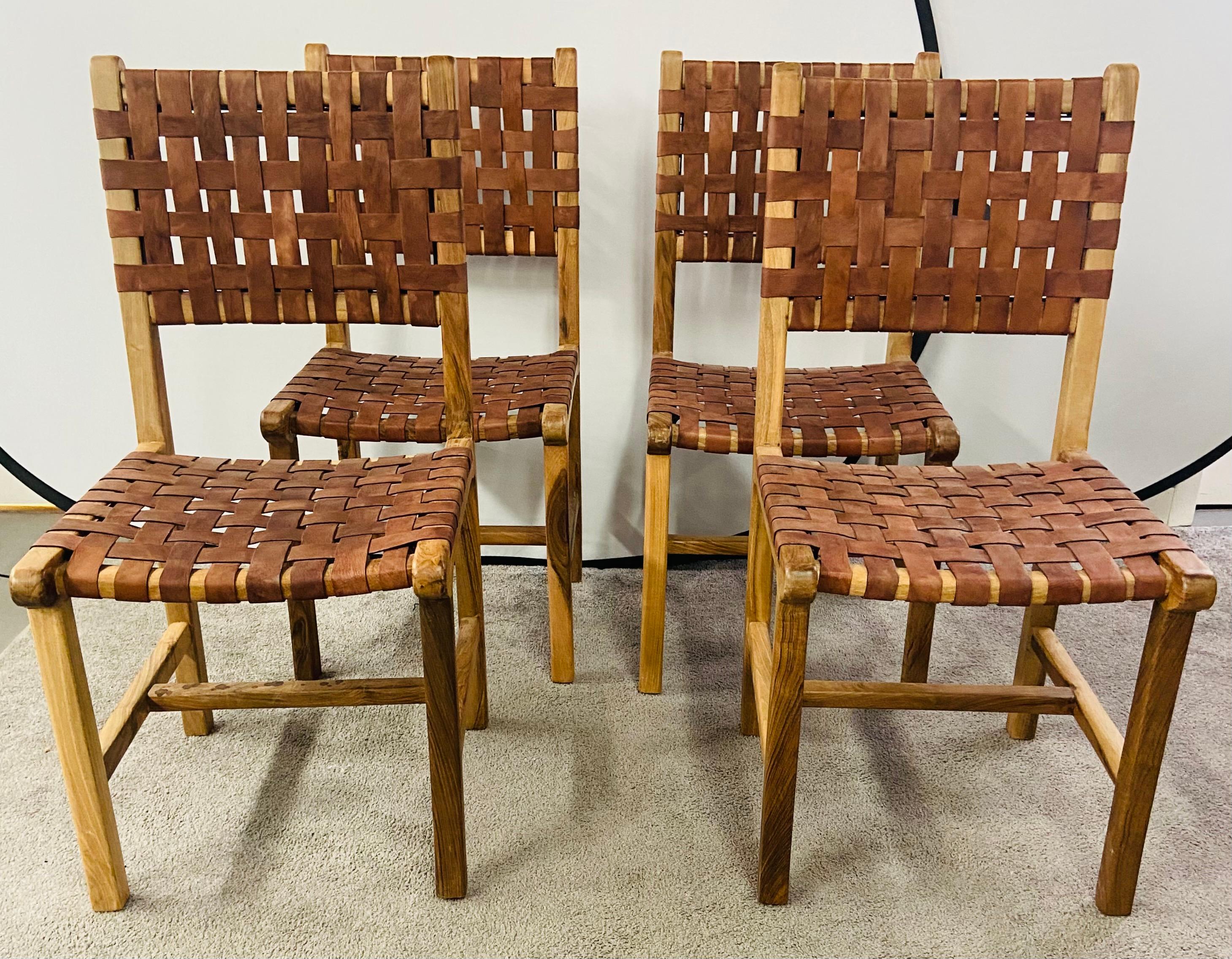 Jens Risom MCM Style Woven Leather Strap & Walnut Frame Chair, a Set of 4 7