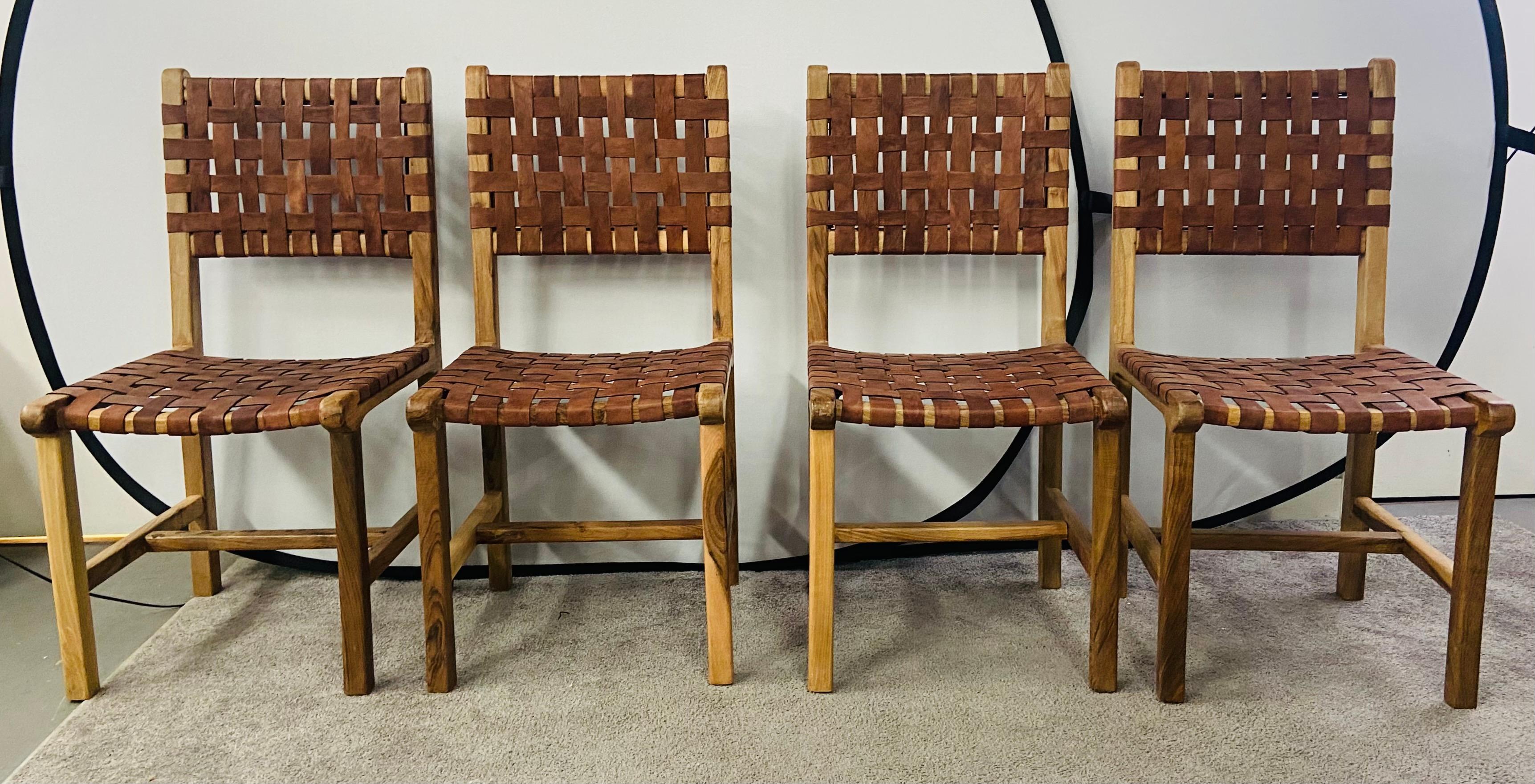 Jens Risom MCM Style Woven Leather Strap & Walnut Frame Chair, a Set of 4 8