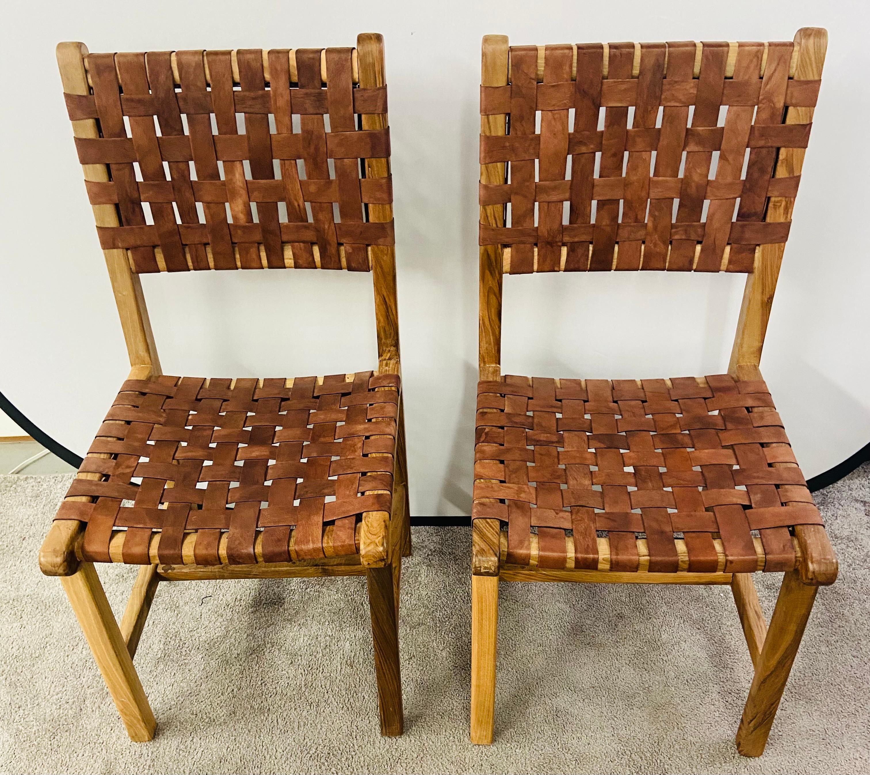 Jens Risom MCM Style Woven Leather Strap & Walnut Frame Chair, a Set of 4 10
