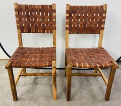 Jens Risom MCM Style Woven Leather Strap & Walnut Frame Chair, a Set of 4