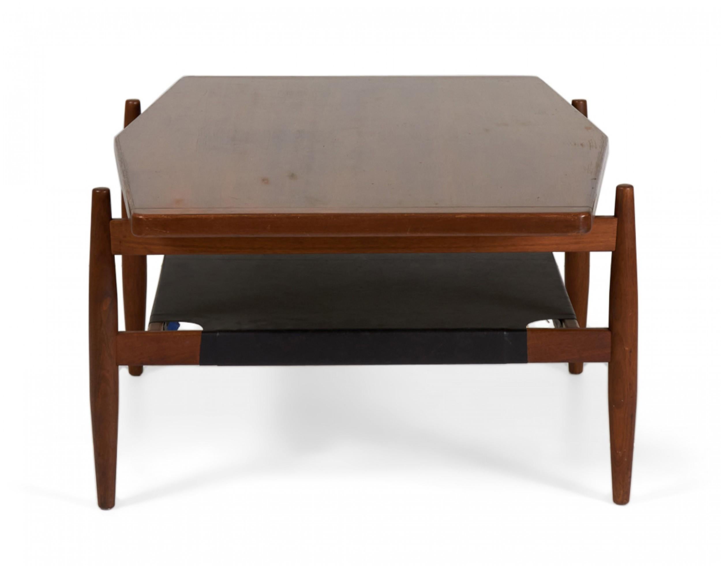 Jens Risom Mid-Century Diamond Top Walnut and Black Vinyl Coffee Table In Good Condition For Sale In New York, NY