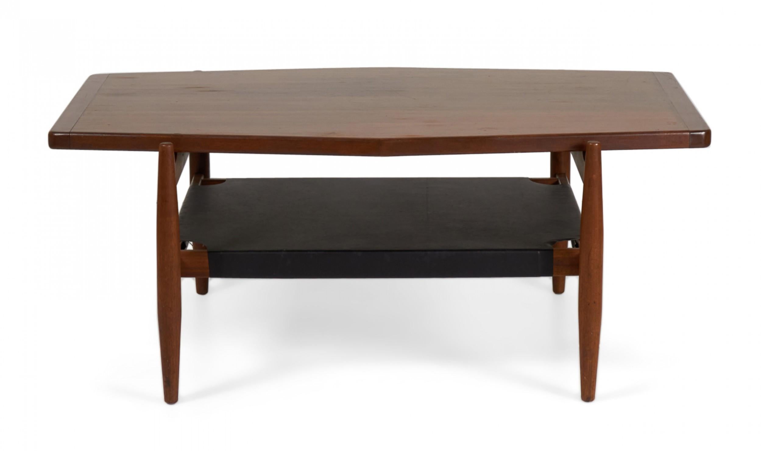 Wood Jens Risom Mid-Century Diamond Top Walnut and Black Vinyl Coffee Table For Sale