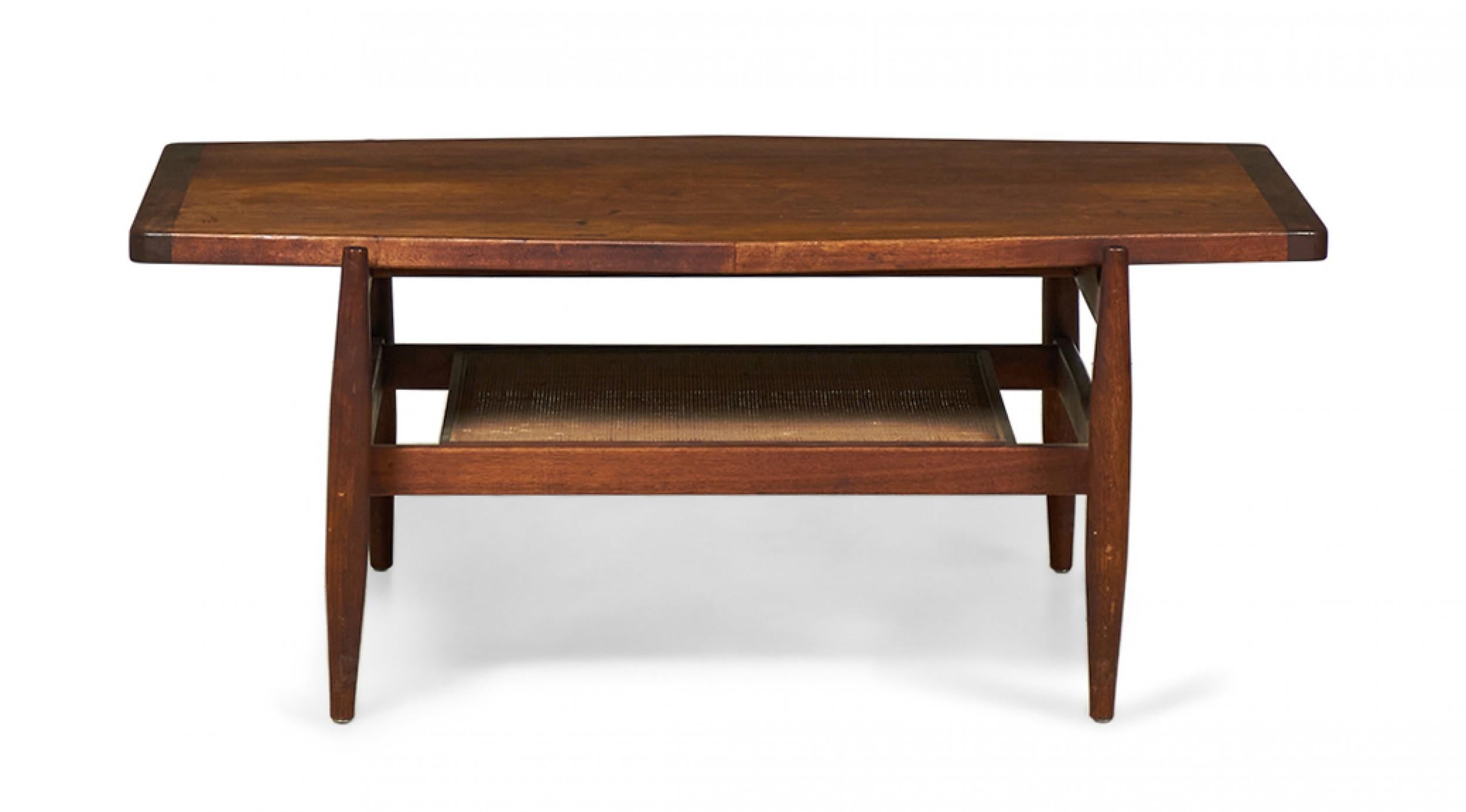 American Jens Risom Mid-Century Diamond Top Walnut and Caning Coffee Table For Sale