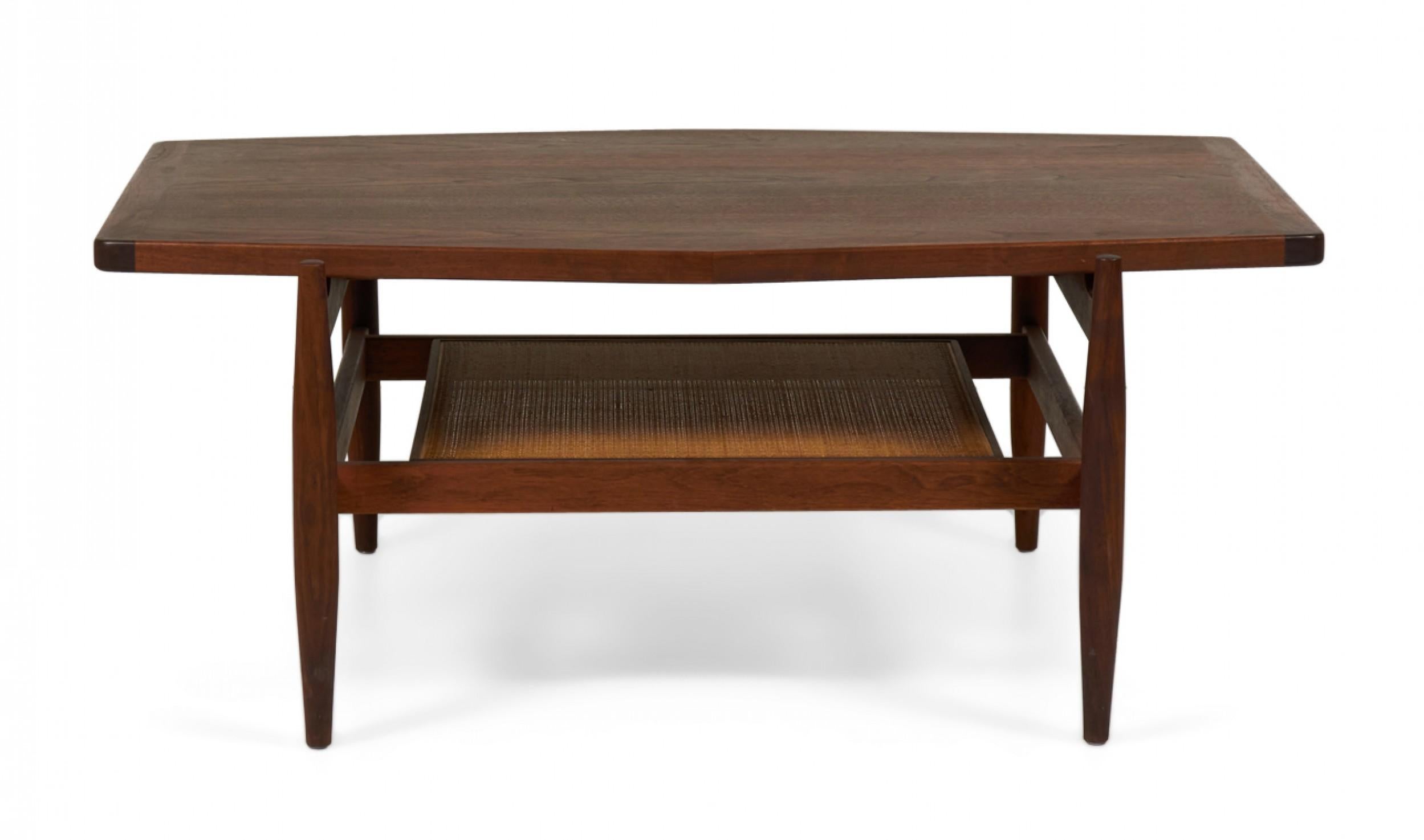 American Jens Risom Mid-Century Diamond Top Walnut and Caning Coffee Table For Sale