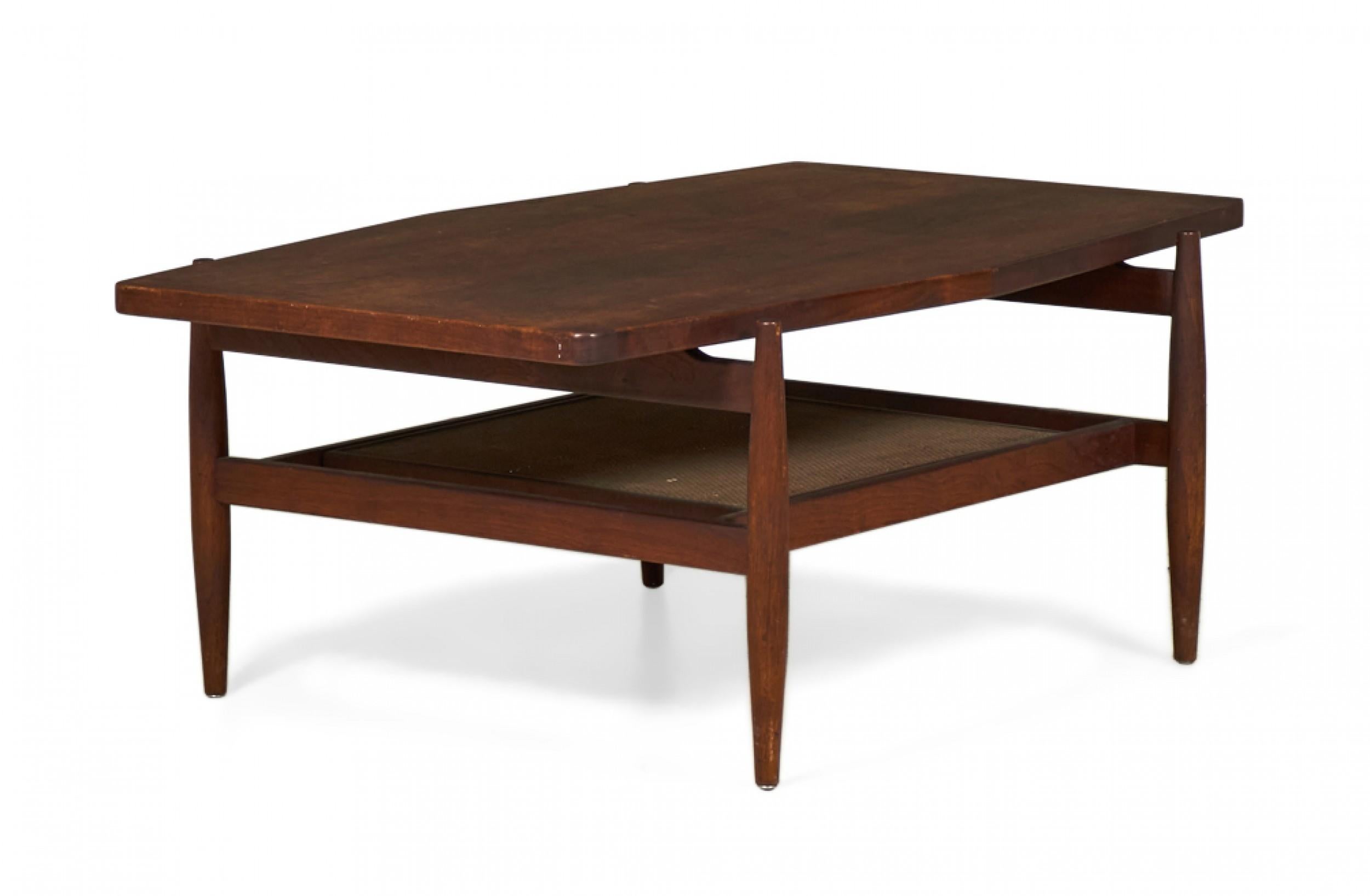 Wood Jens Risom Mid-Century Diamond Top Walnut and Caning Coffee Table For Sale
