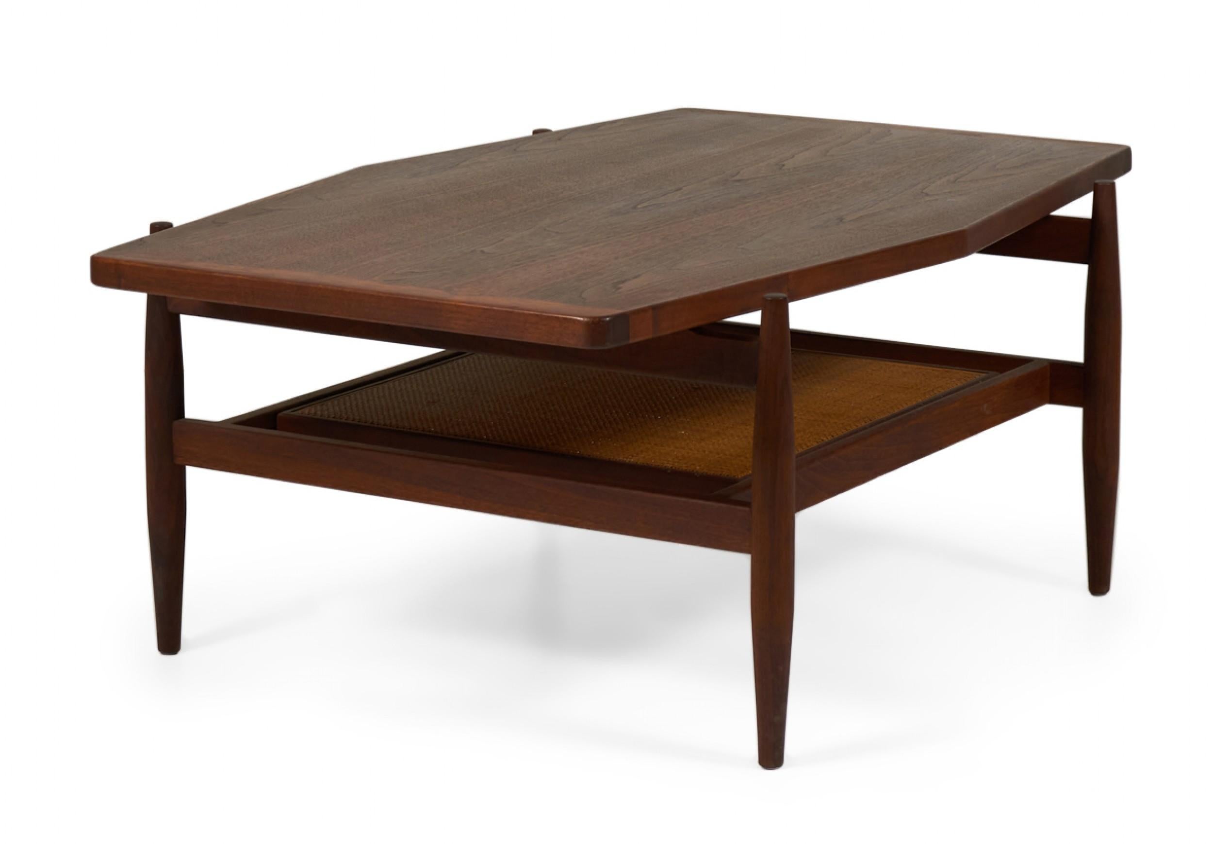 Wood Jens Risom Mid-Century Diamond Top Walnut and Caning Coffee Table For Sale