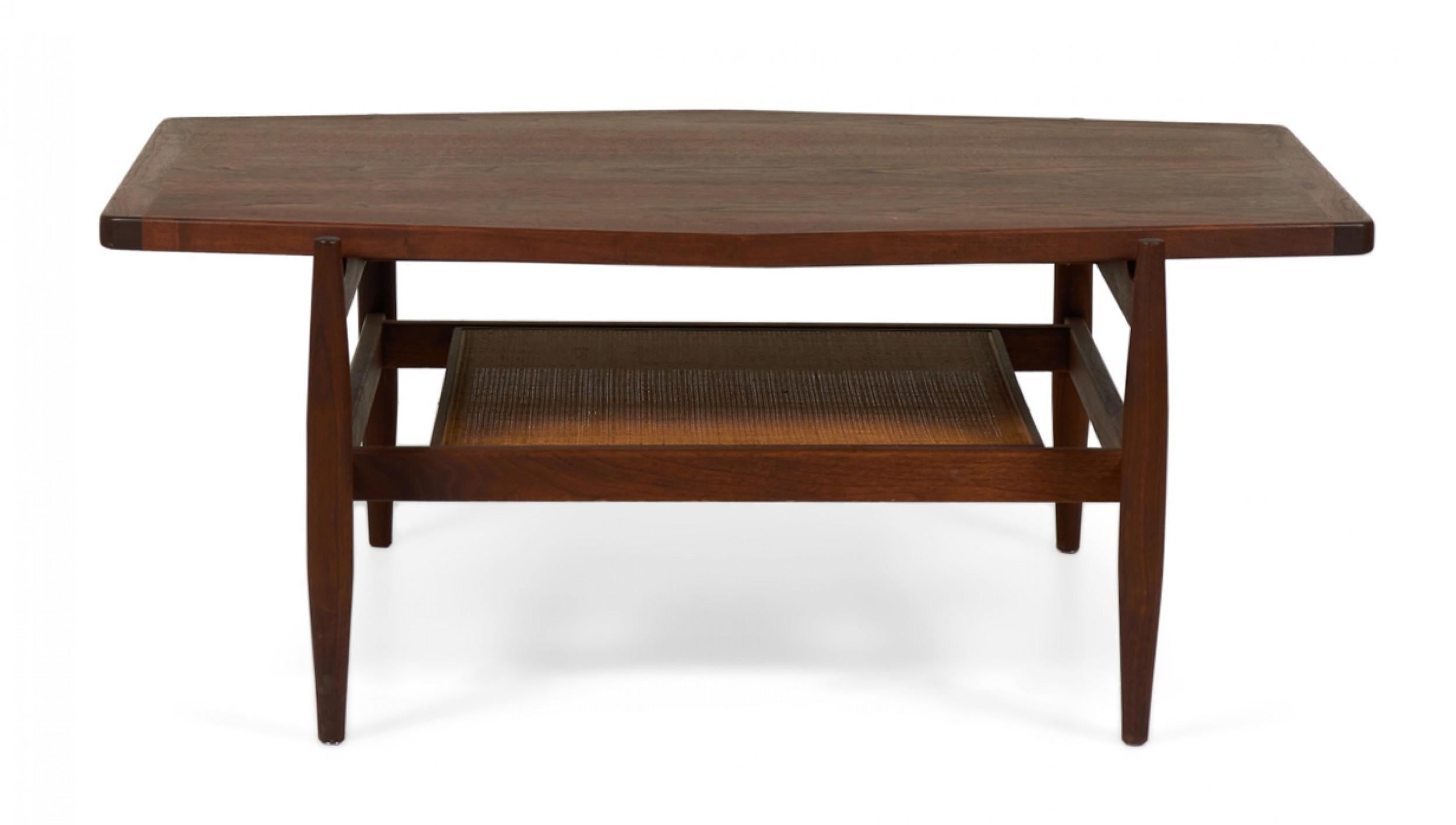 Jens Risom Mid-Century Diamond Top Walnut and Caning Coffee Table For Sale 1