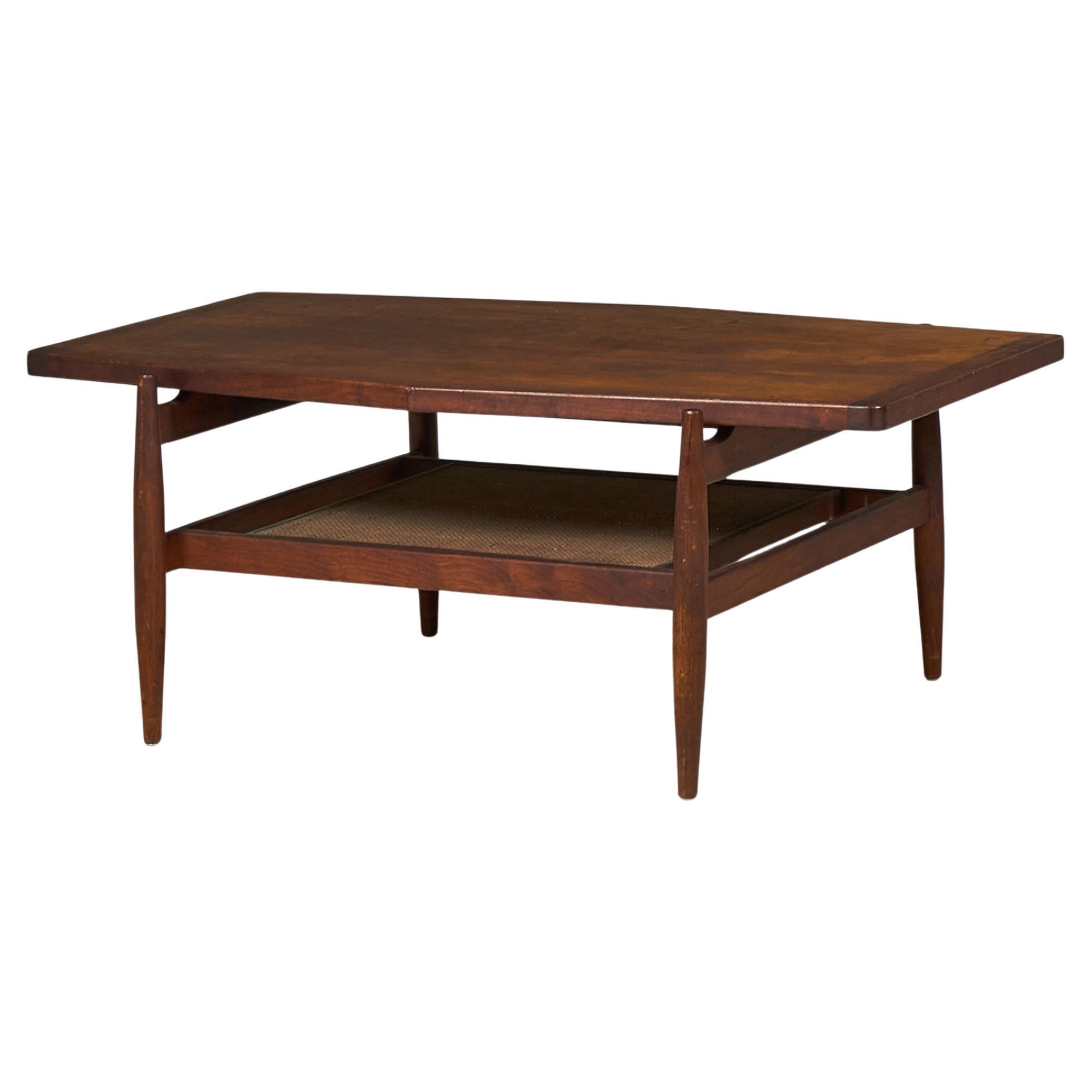 Jens Risom Mid-Century Diamond Top Walnut and Caning Coffee Table For Sale