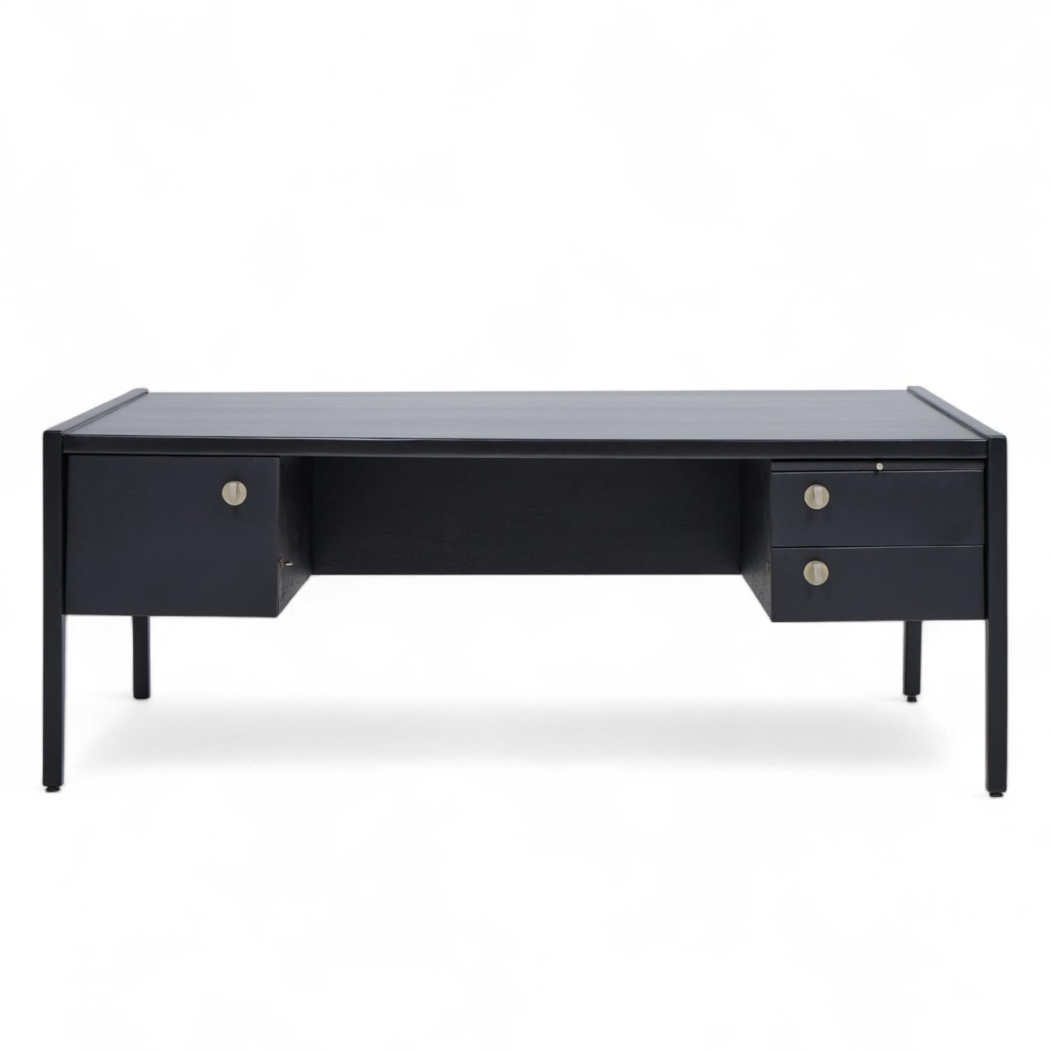 Jens Risom Mid Century Ebonized Walnut Desk

This desk measures: 75 wide x 36 deep x 27.25 high (front); 29.5 high (rear), with a chair clearance of 25.75 inches

Restored - Ready to Ship

We take our photos in a controlled lighting studio to show