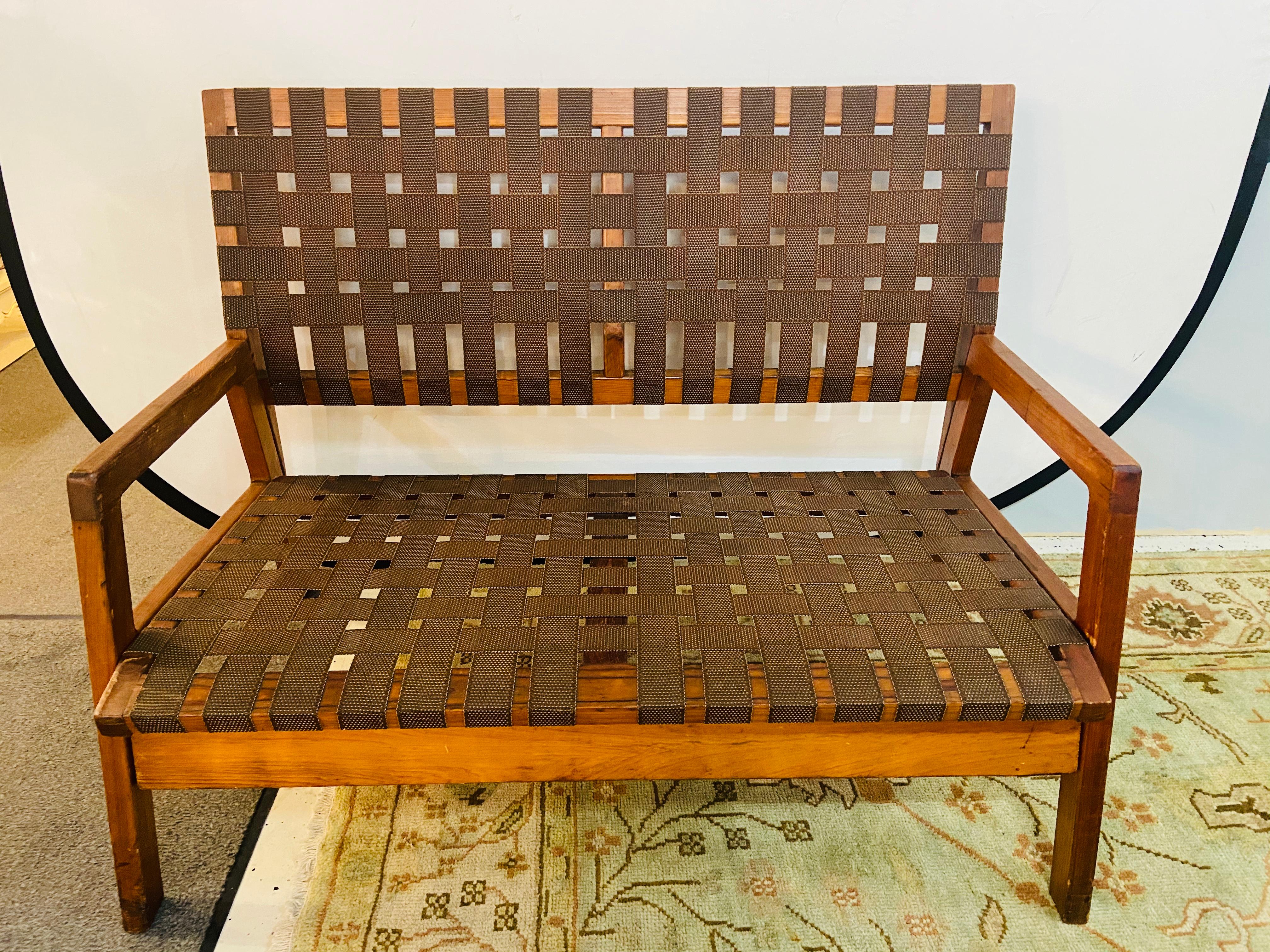 Mid-20th Century Mid-Century Modern Weaved Strap and Canvas Bench in the manner of Jens Risom
