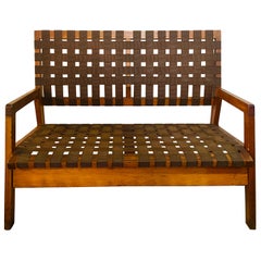 Vintage Mid-Century Modern Weaved Strap and Canvas Bench in the manner of Jens Risom