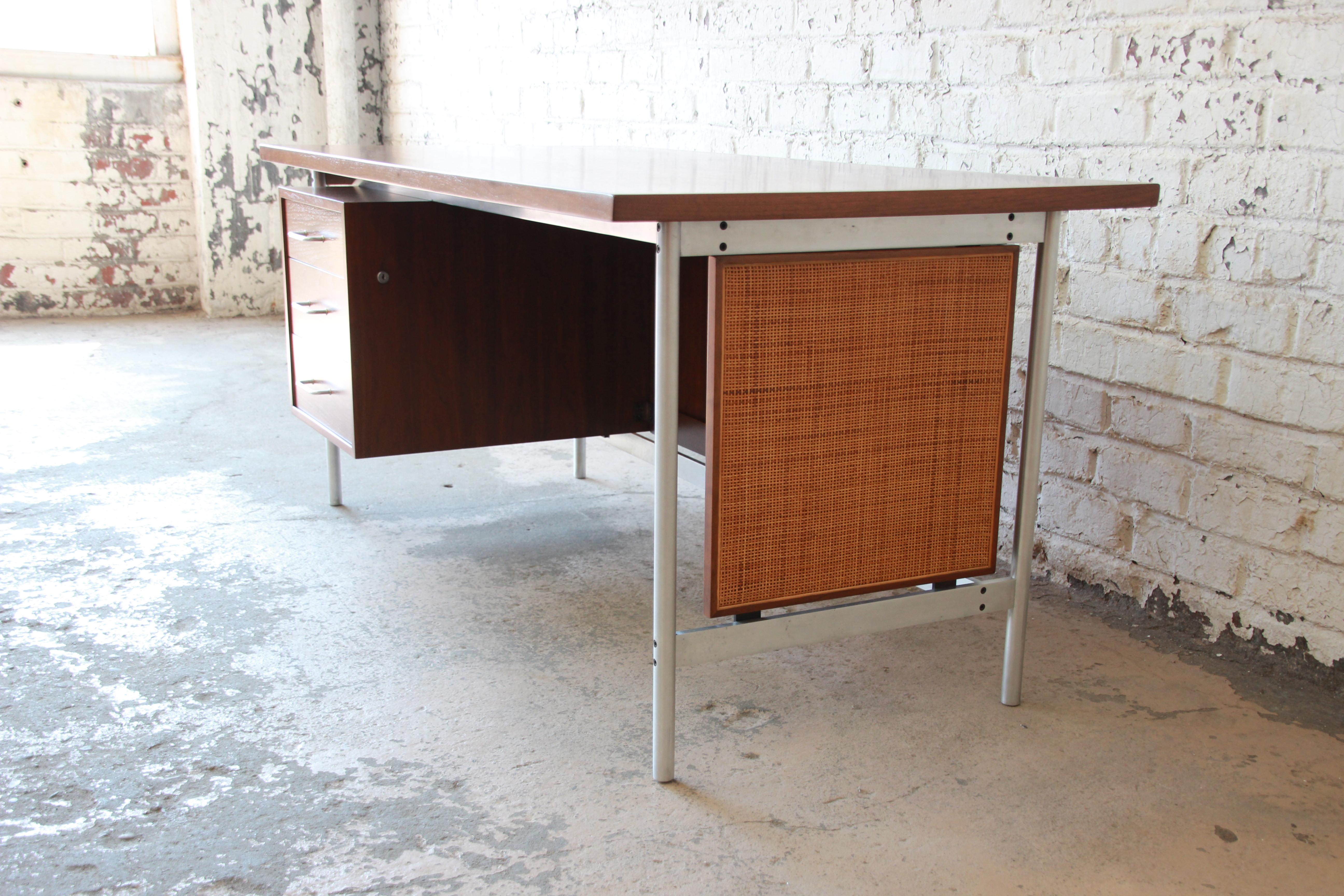 American Jens Risom Mid-Century Modern Executive Desk in Walnut, Cane, and Steel