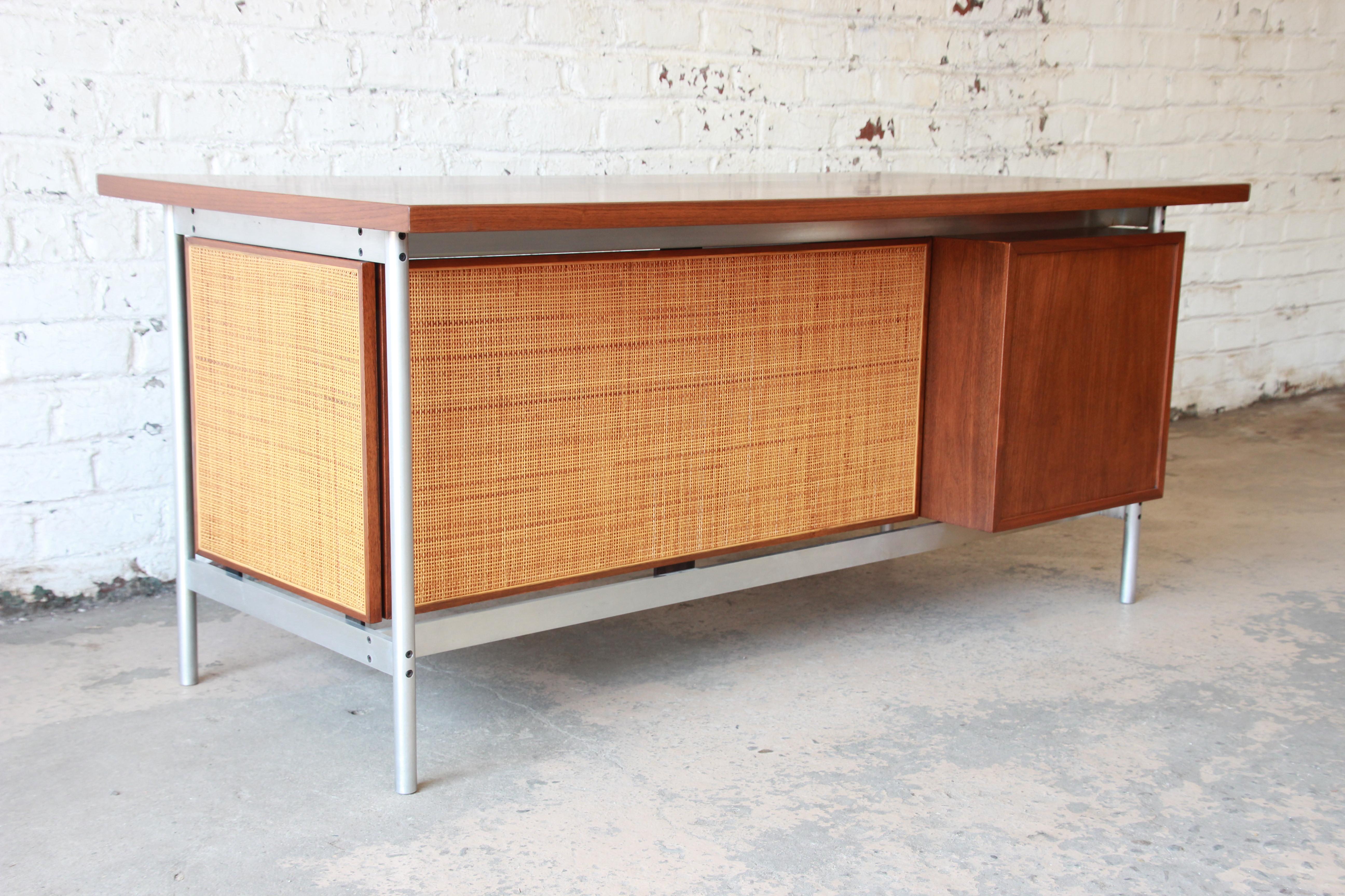 Jens Risom Mid-Century Modern Executive Desk in Walnut, Cane, and Steel In Good Condition In South Bend, IN