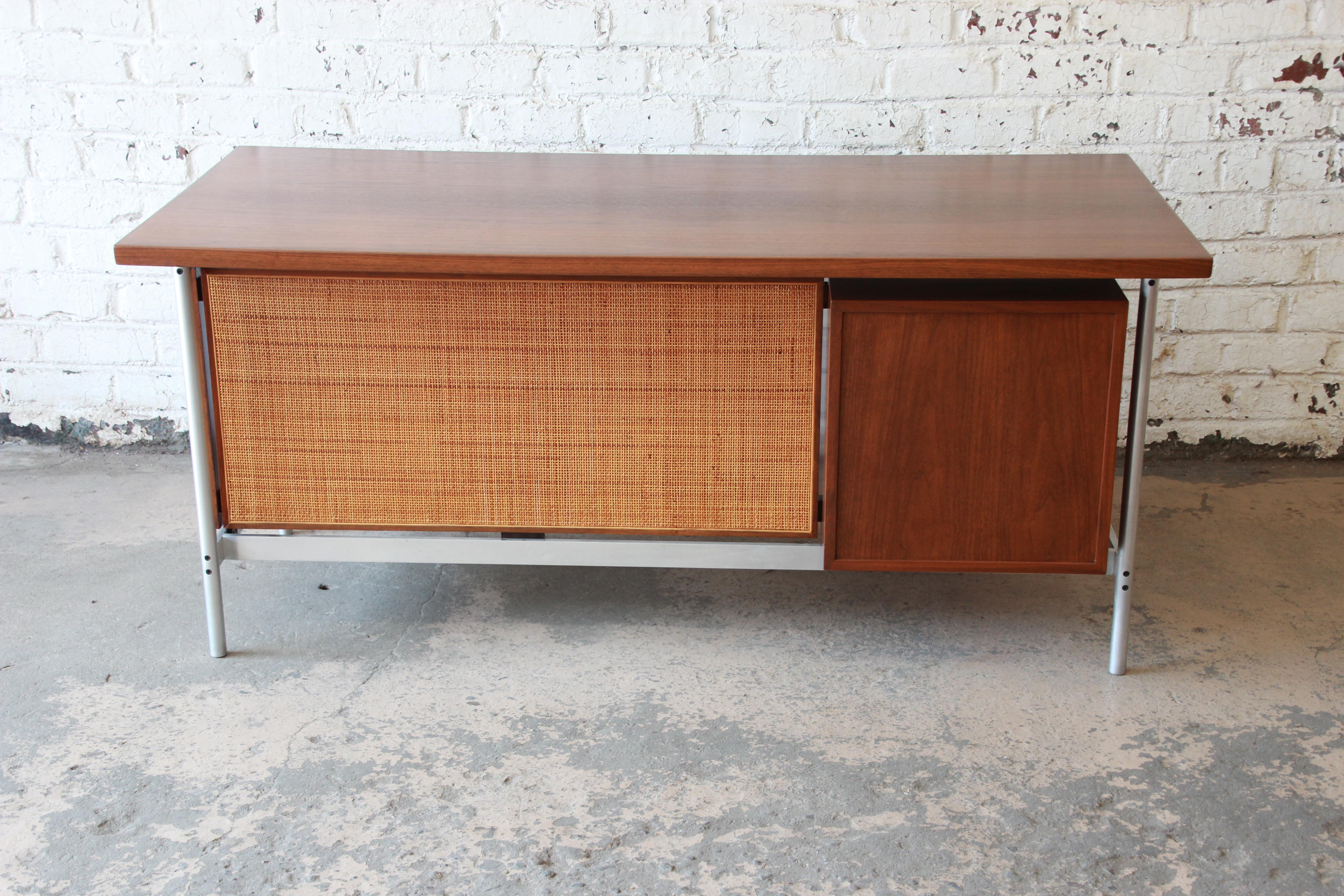Jens Risom Mid-Century Modern Executive Desk in Walnut, Cane, and Steel 1
