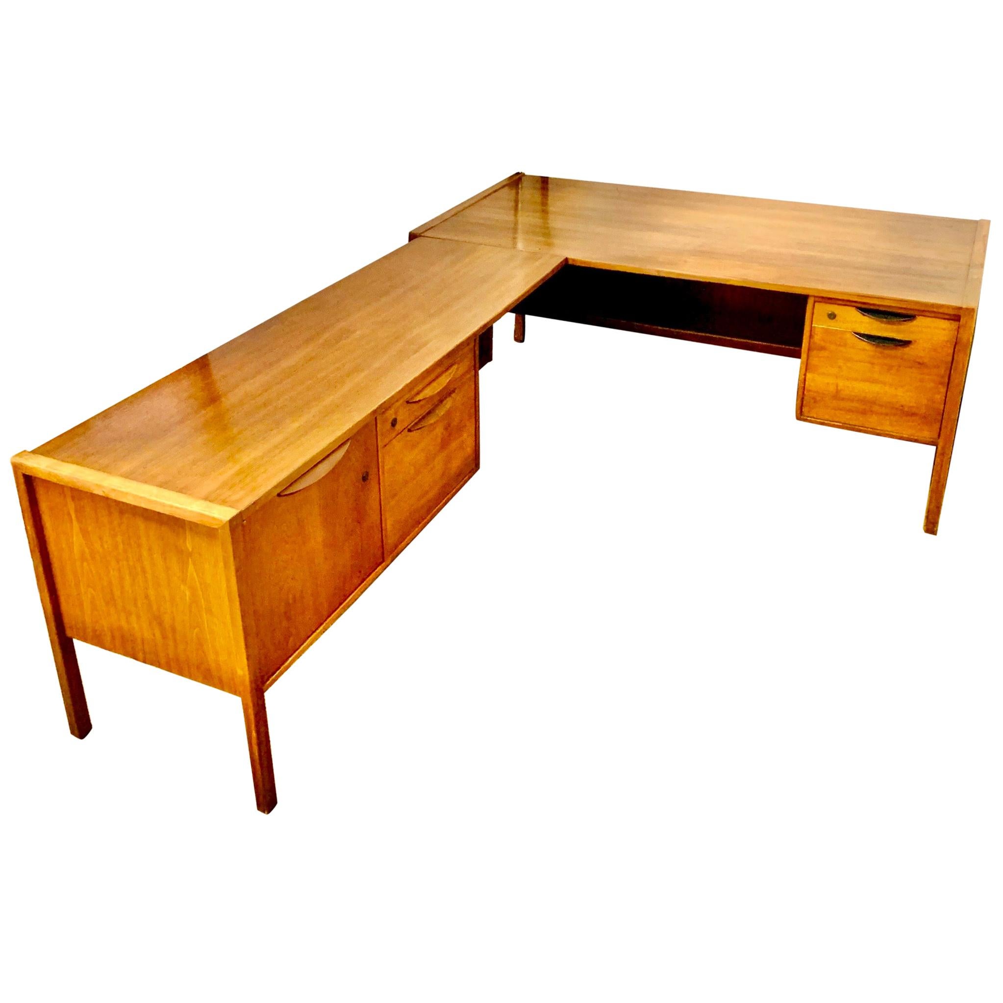 Jens Risom Mid-Century Modern Large Walnut 2-Pc Executive Desk