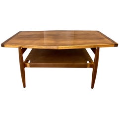 Jens Risom Mid-Century Modern Walnut and Leather Two-Tier Coffee Table, 1960s