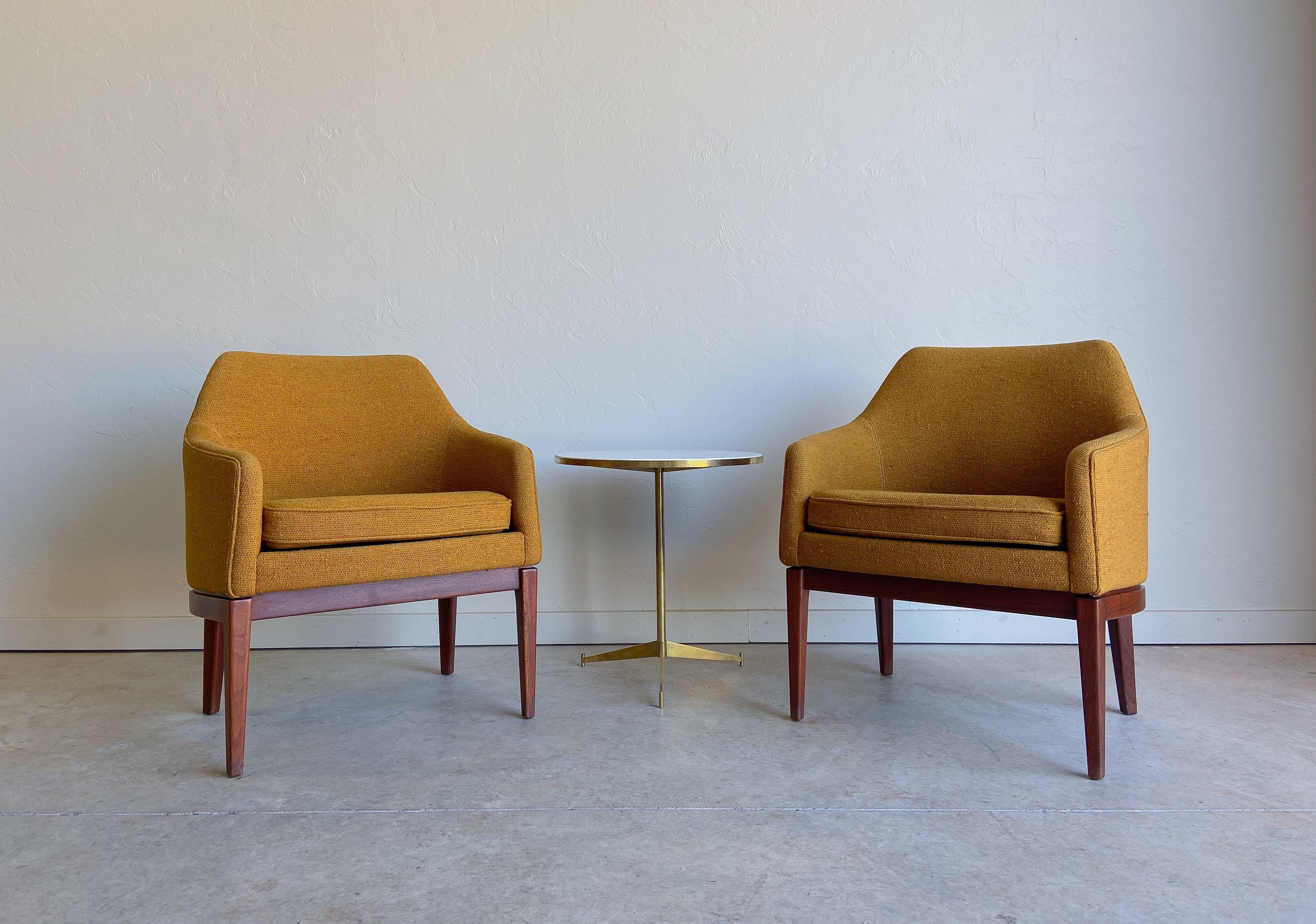 Jens Risom Danish Modern Walnut Armchairs in Yellow Ochre In Good Condition In Round Rock, TX