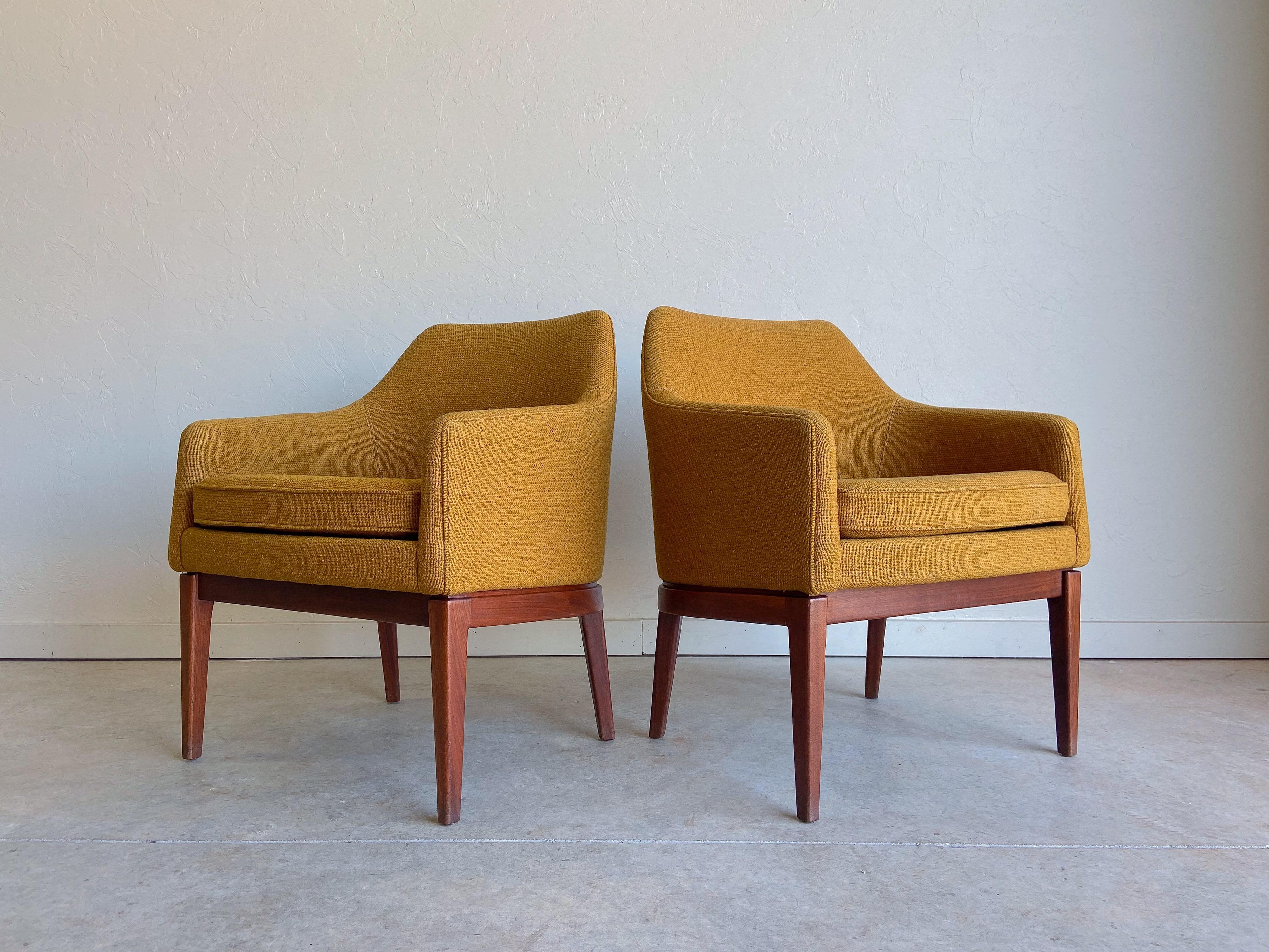 Upholstery Jens Risom Danish Modern Walnut Armchairs in Yellow Ochre