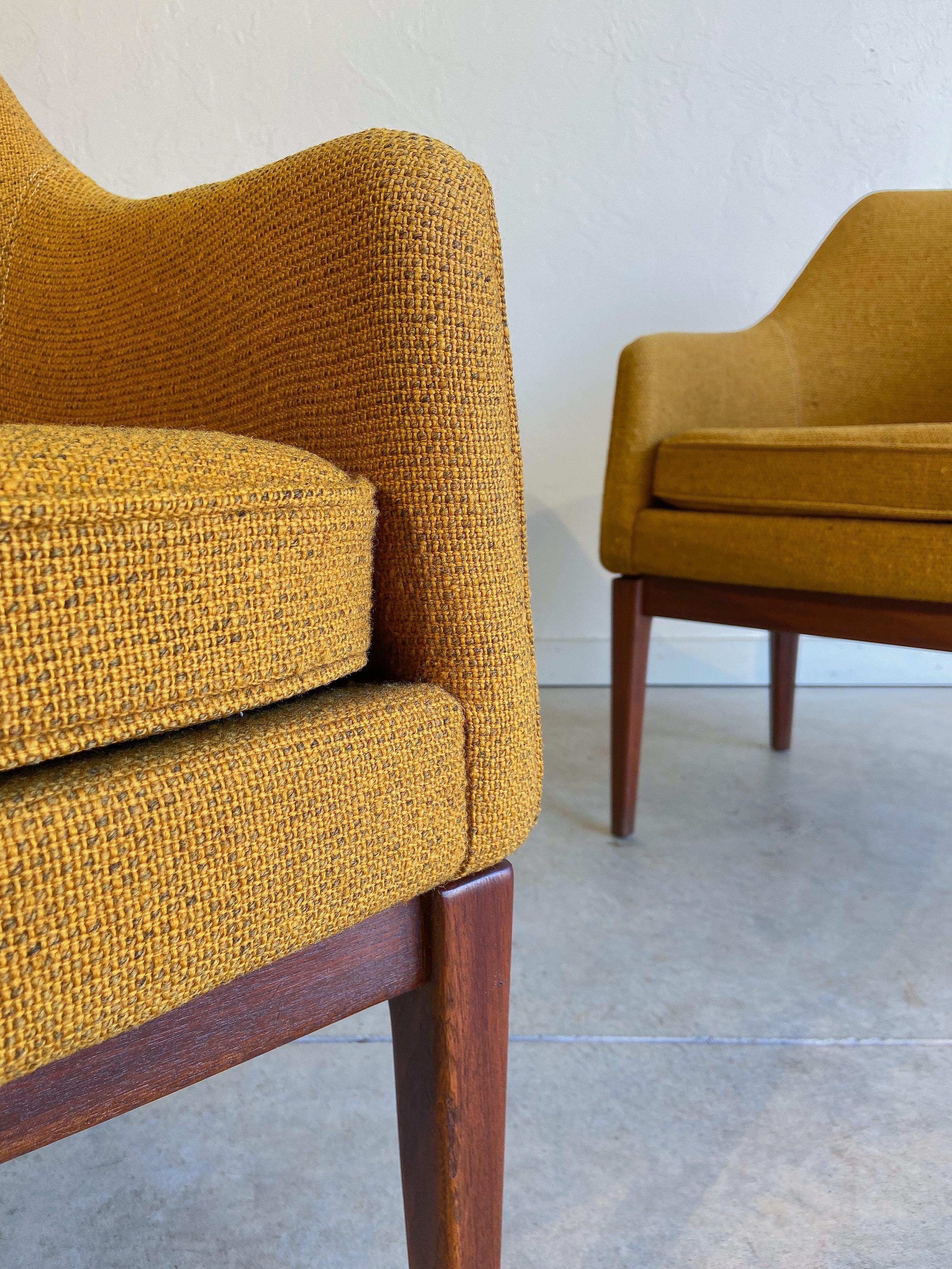 Jens Risom Danish Modern Walnut Armchairs in Yellow Ochre 1