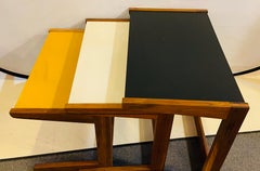 Jens Risom Mid-Century Modern Walnut Vinyl Nesting Side Tables, Set of Three