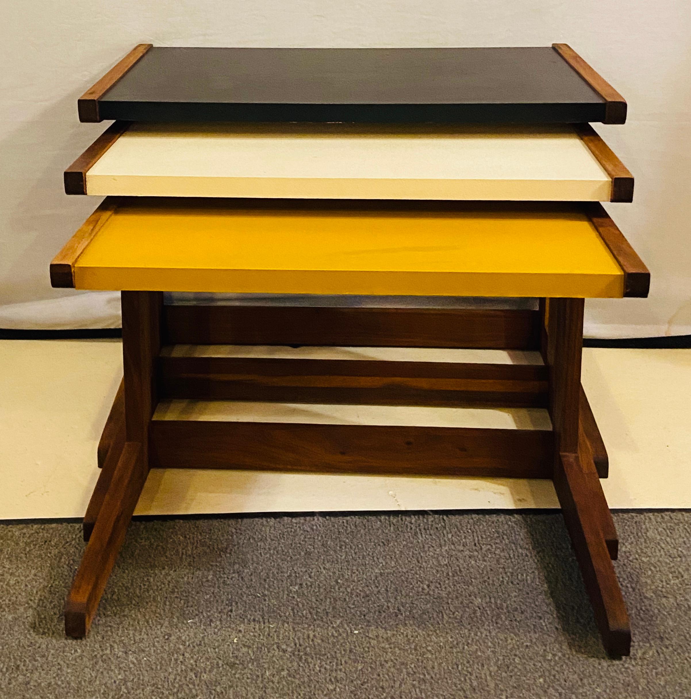 Unknown Jens Risom Mid-Century Modern Walnut Vinyl Nesting Side Tables, Set of Three