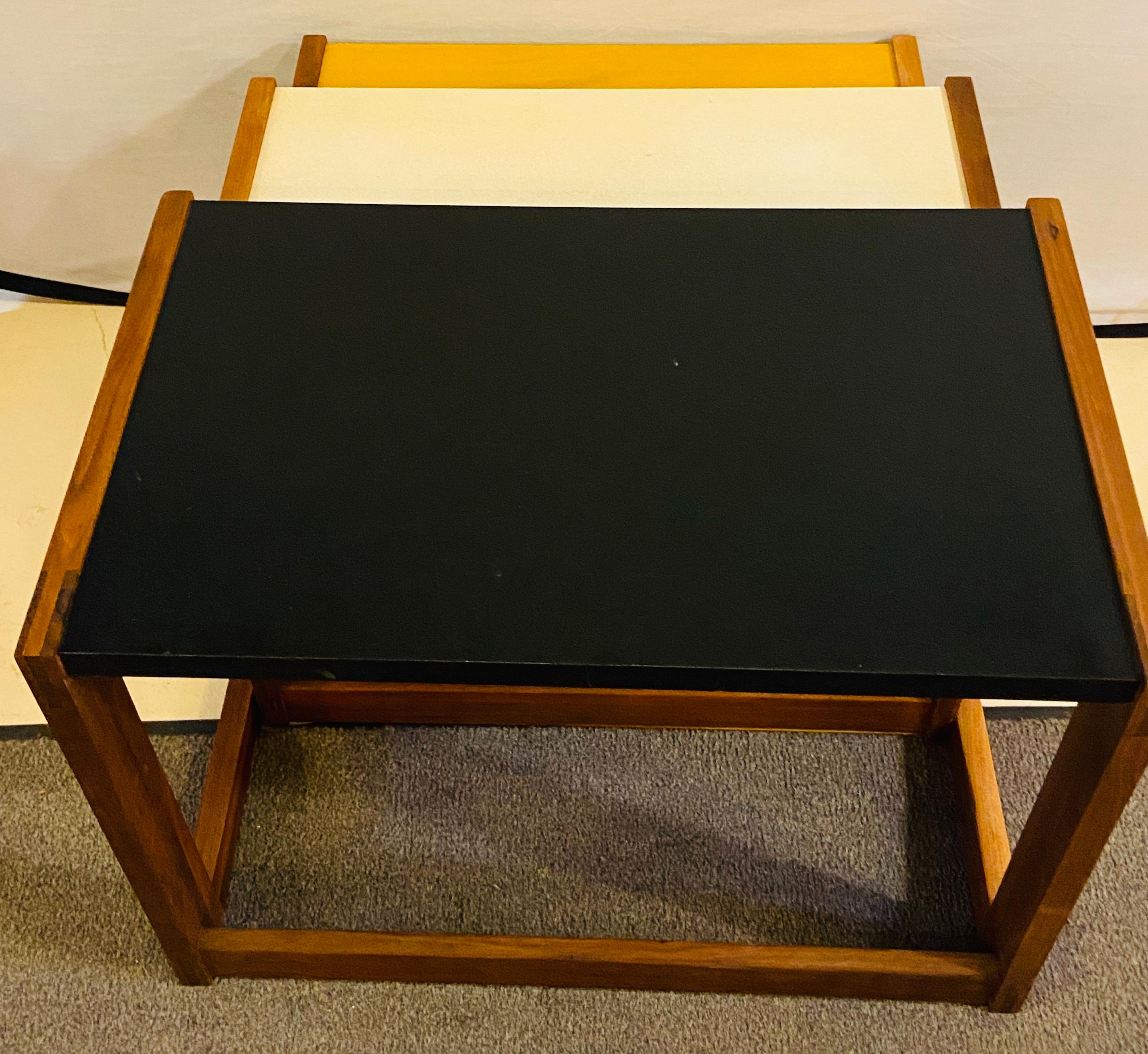 Mid-20th Century Jens Risom Mid-Century Modern Walnut Vinyl Nesting Side Tables, Set of Three