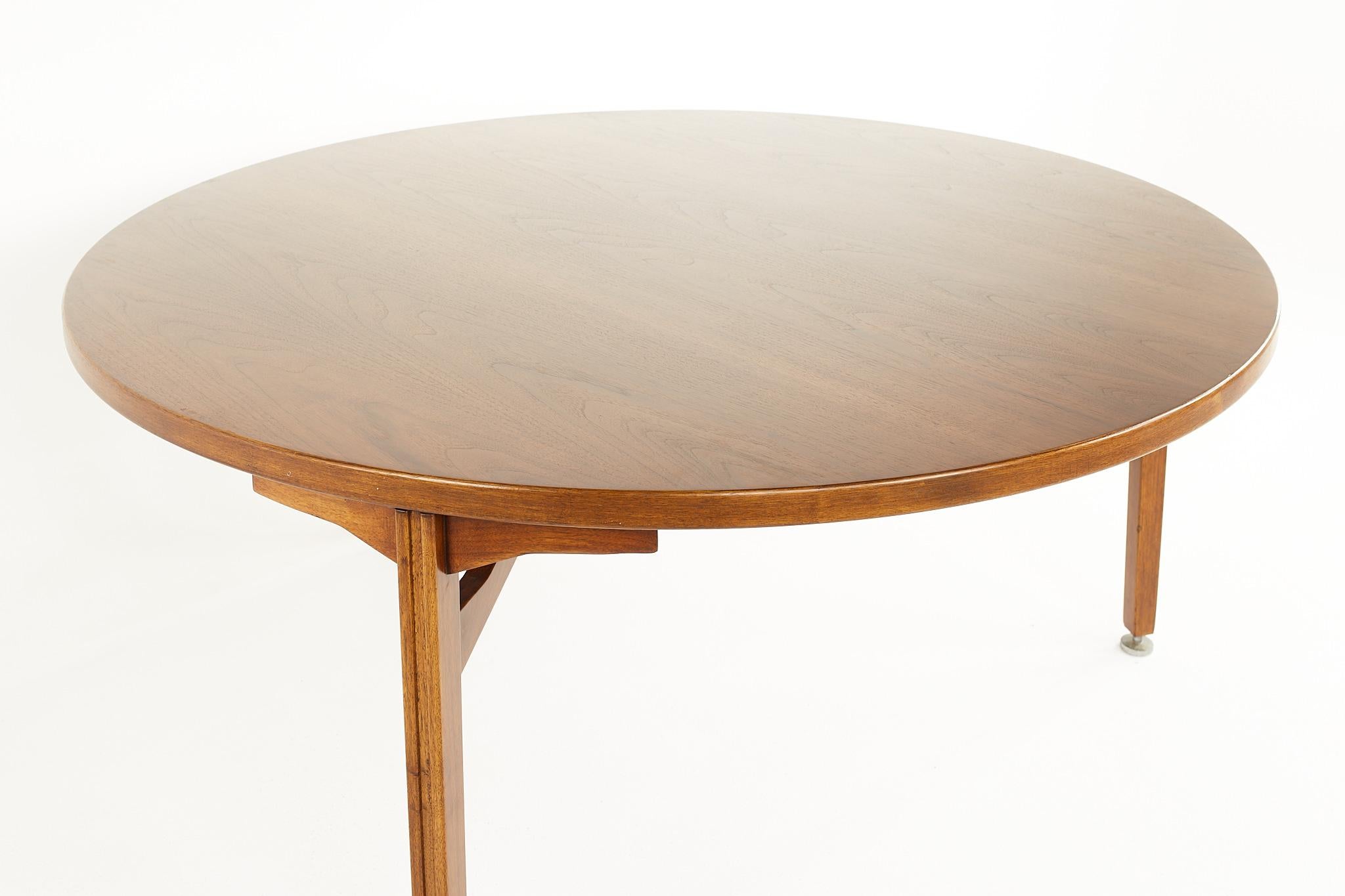 American Jens Risom Mid Century Round 3 Leg Walnut Dining Table