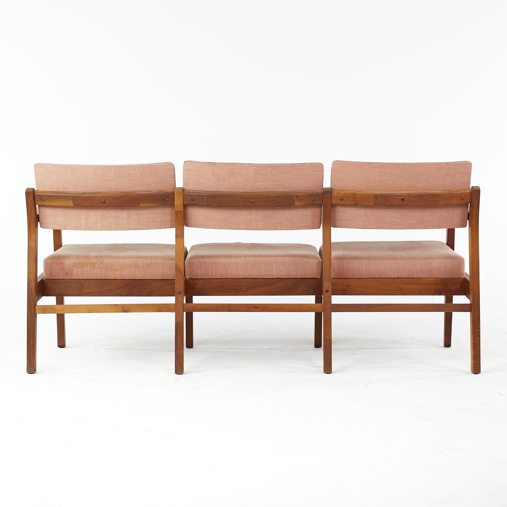 American Jens Risom Mid Century Walnut 3 Seat Sofa For Sale