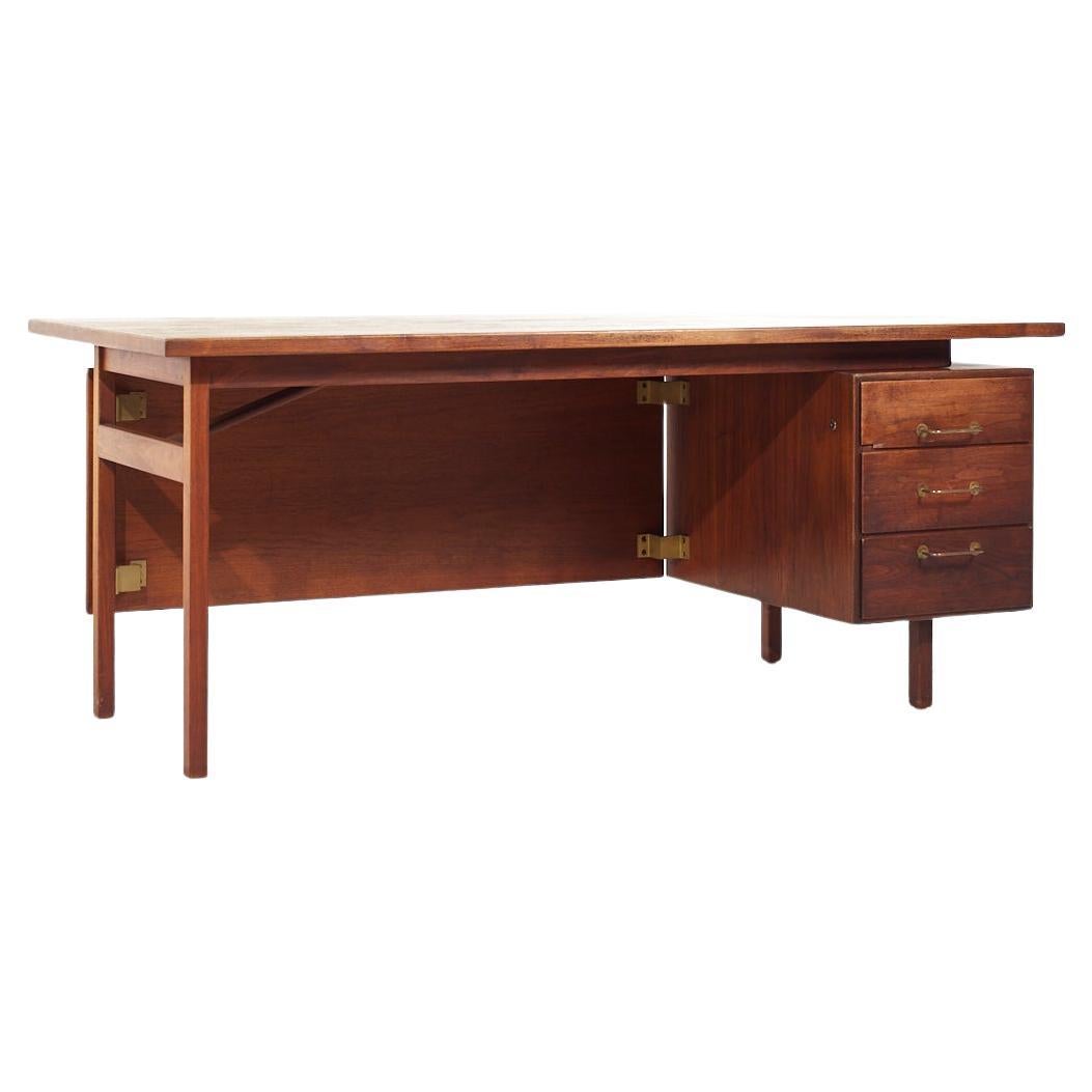 Jens Risom Mid Century Walnut and Brass Desk For Sale