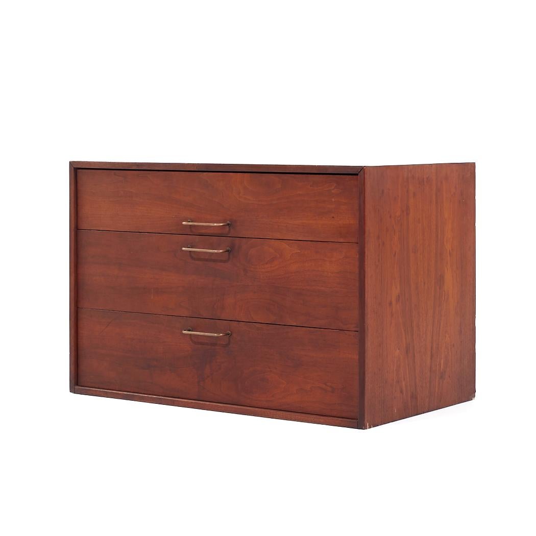 Mid-Century Modern Jens Risom Mid Century Walnut and Brass Wall Mounted Cabinet Chest of Drawers For Sale