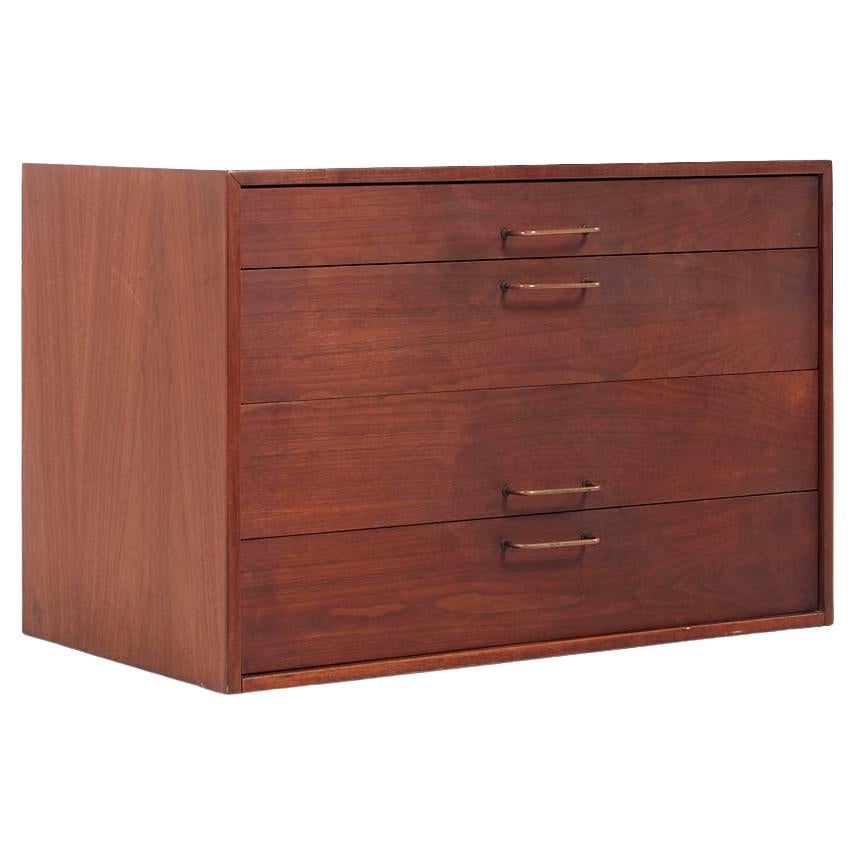 Jens Risom Mid Century Walnut and Brass Wall Mounted Cabinet Chest of Drawers For Sale