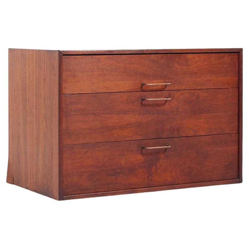 Jens Risom Mid Century Walnut and Brass Wall Mounted Cabinet Chest of Drawers For Sale