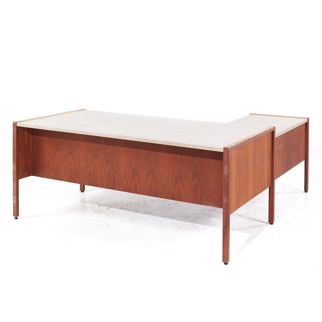 Late 20th Century Jens Risom Mid Century Walnut and Leather Top Corner Desk For Sale