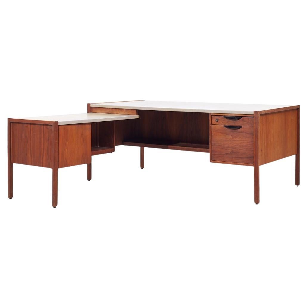 Jens Risom Mid Century Walnut and Leather Top Corner Desk For Sale
