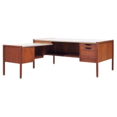 Vintage Jens Risom Mid Century Walnut and Leather Top Corner Desk