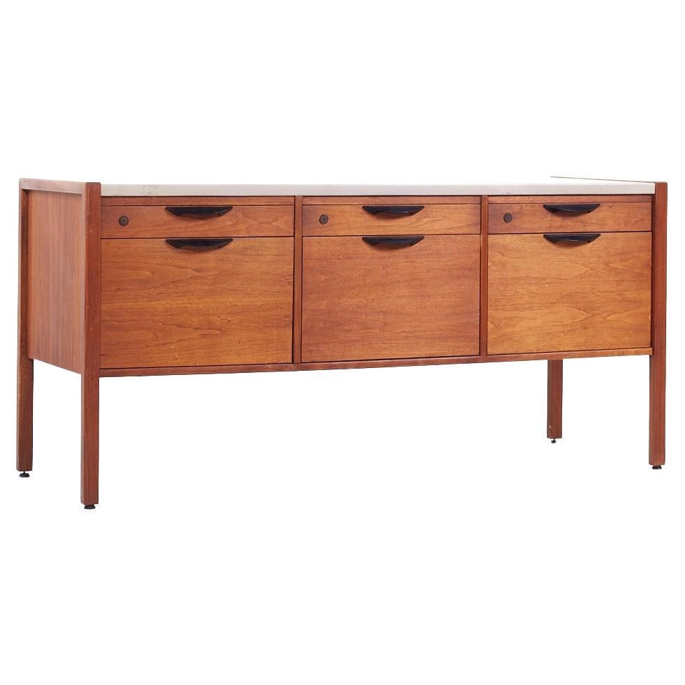 Jens Risom Mid Century Walnut and Leather Top Credenza For Sale
