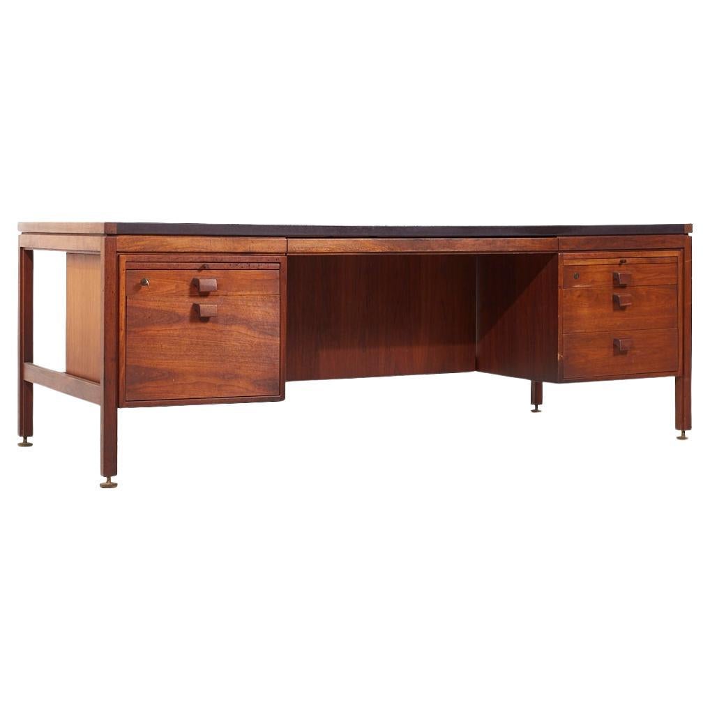 Jens Risom Mid Century Walnut and Leather Top Executive Desk For Sale