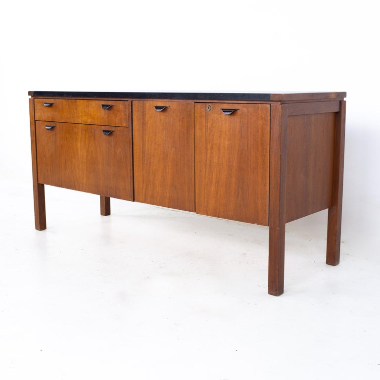 Jens Risom Mid Century Walnut Black Laminate Credenza at 1stDibs