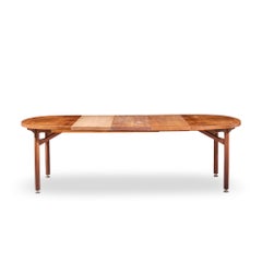 Jens Risom Mid Century Walnut Round Expanding Dining Table with 3 Leaves
